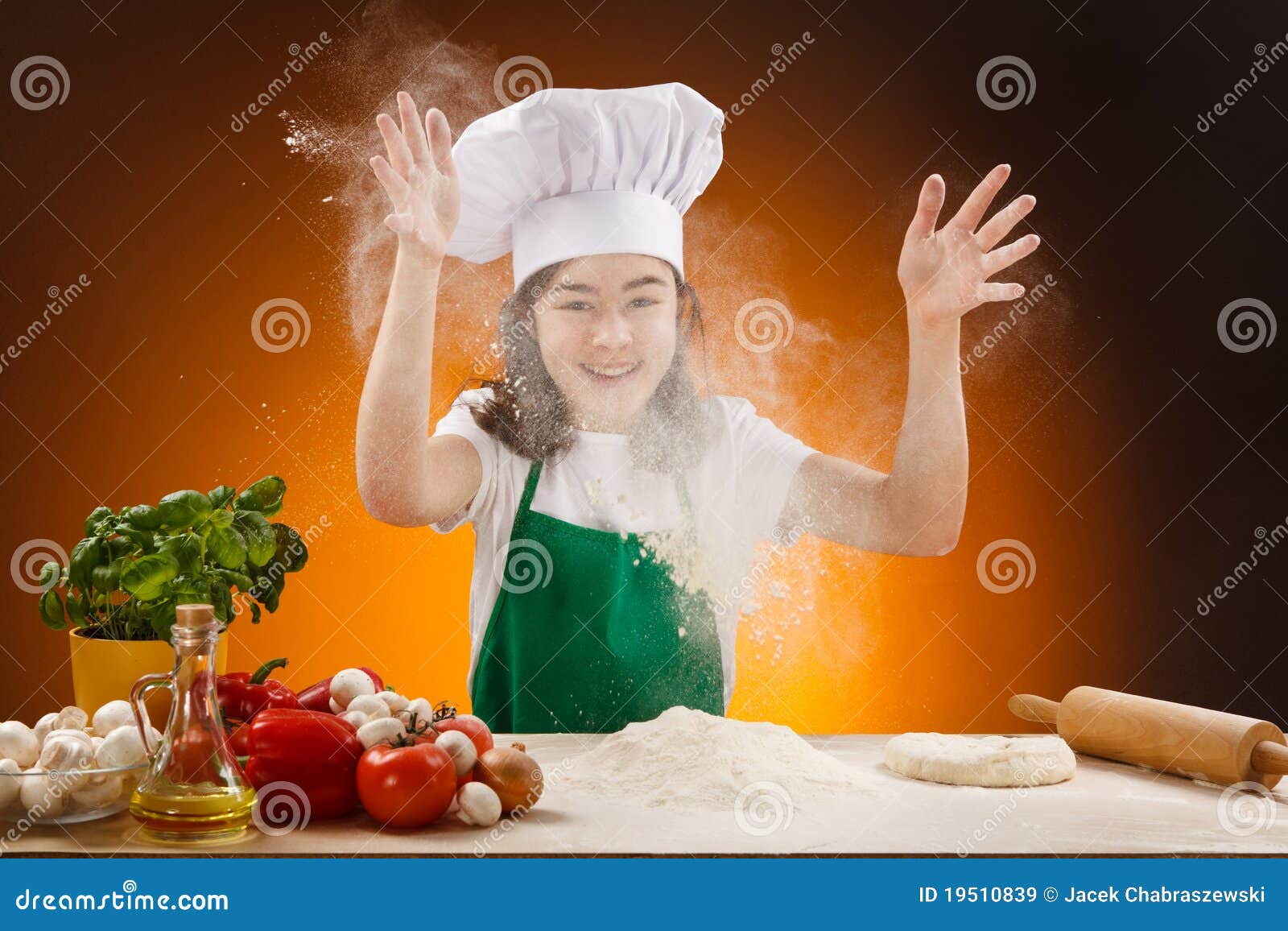 Girl making pizza dough stock image. Image of basil, cooking 19510839