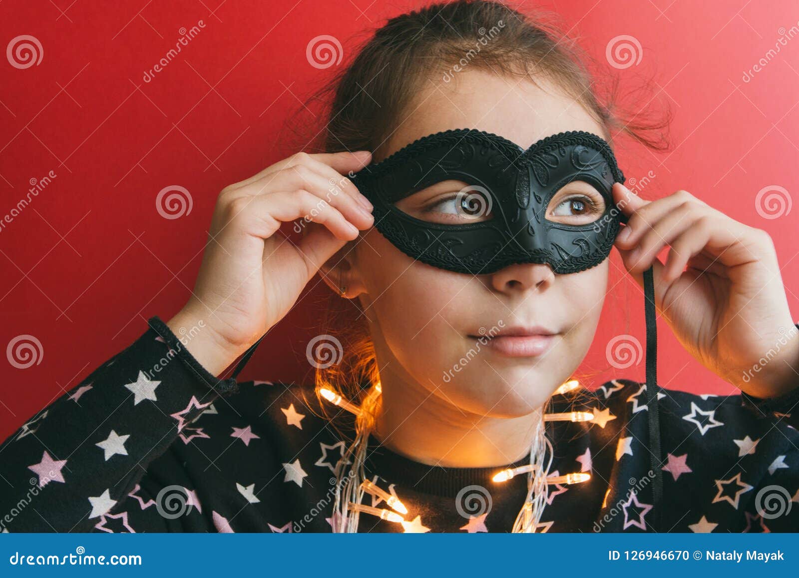 Girl in Masquerade Mask on a Red Background Stock Photo Image of hair