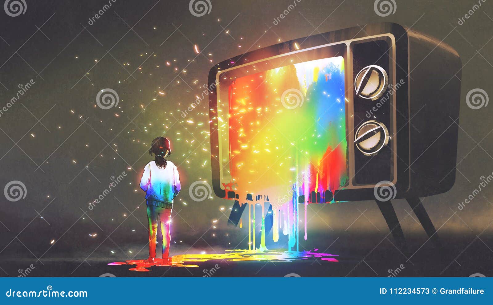 girl messed with colorful light from tv