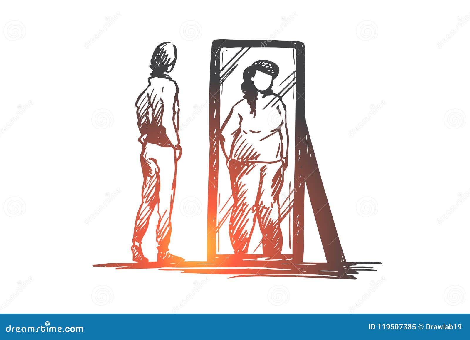 Young Woman Unhappy With Her Breast Shape Reflection in the Mirror