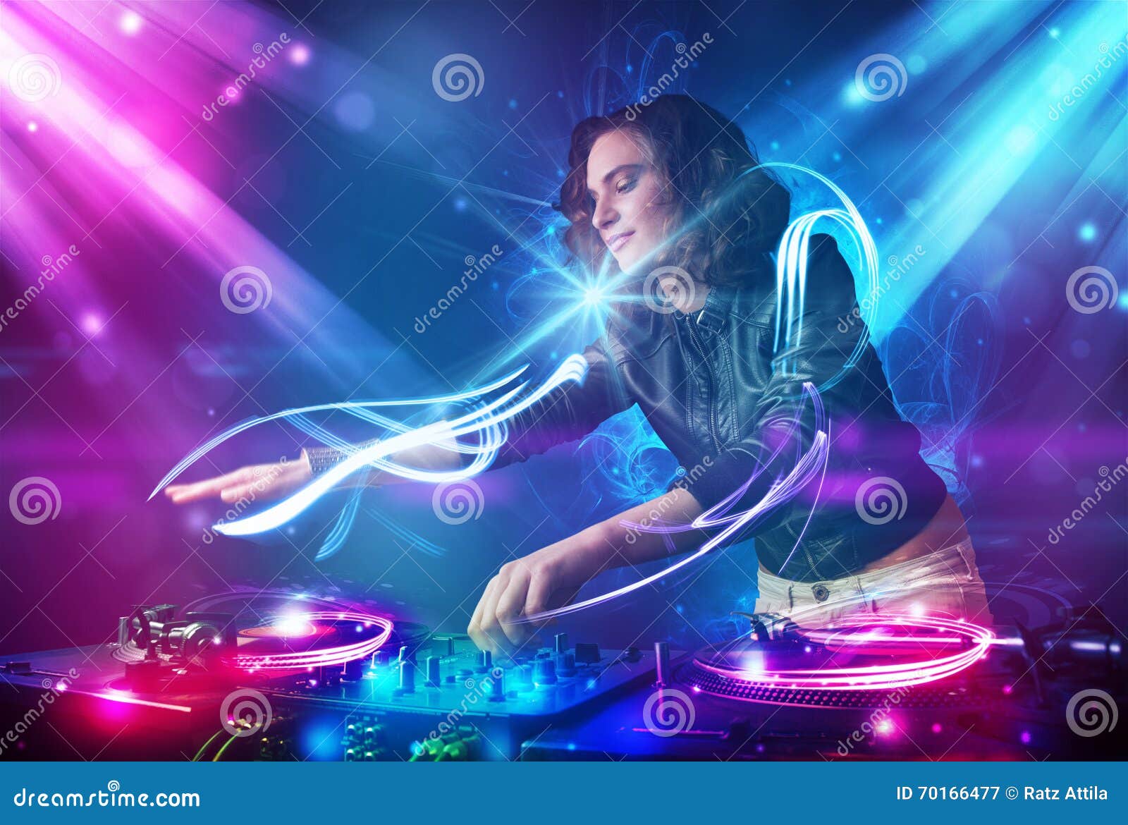 Girl Mixing Music with Powerful Light Effects Stock Illustration