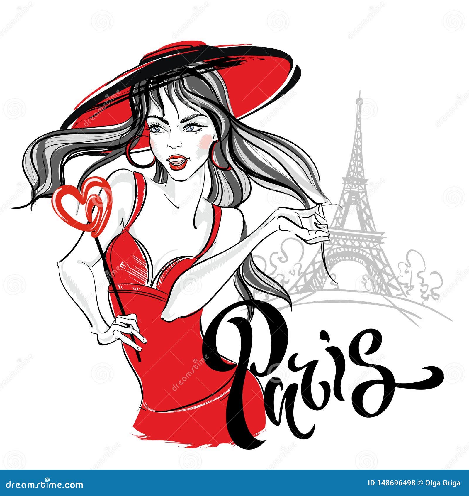 Girl Model in Paris Against the Eiffel Tower. Lettering Stock Vector