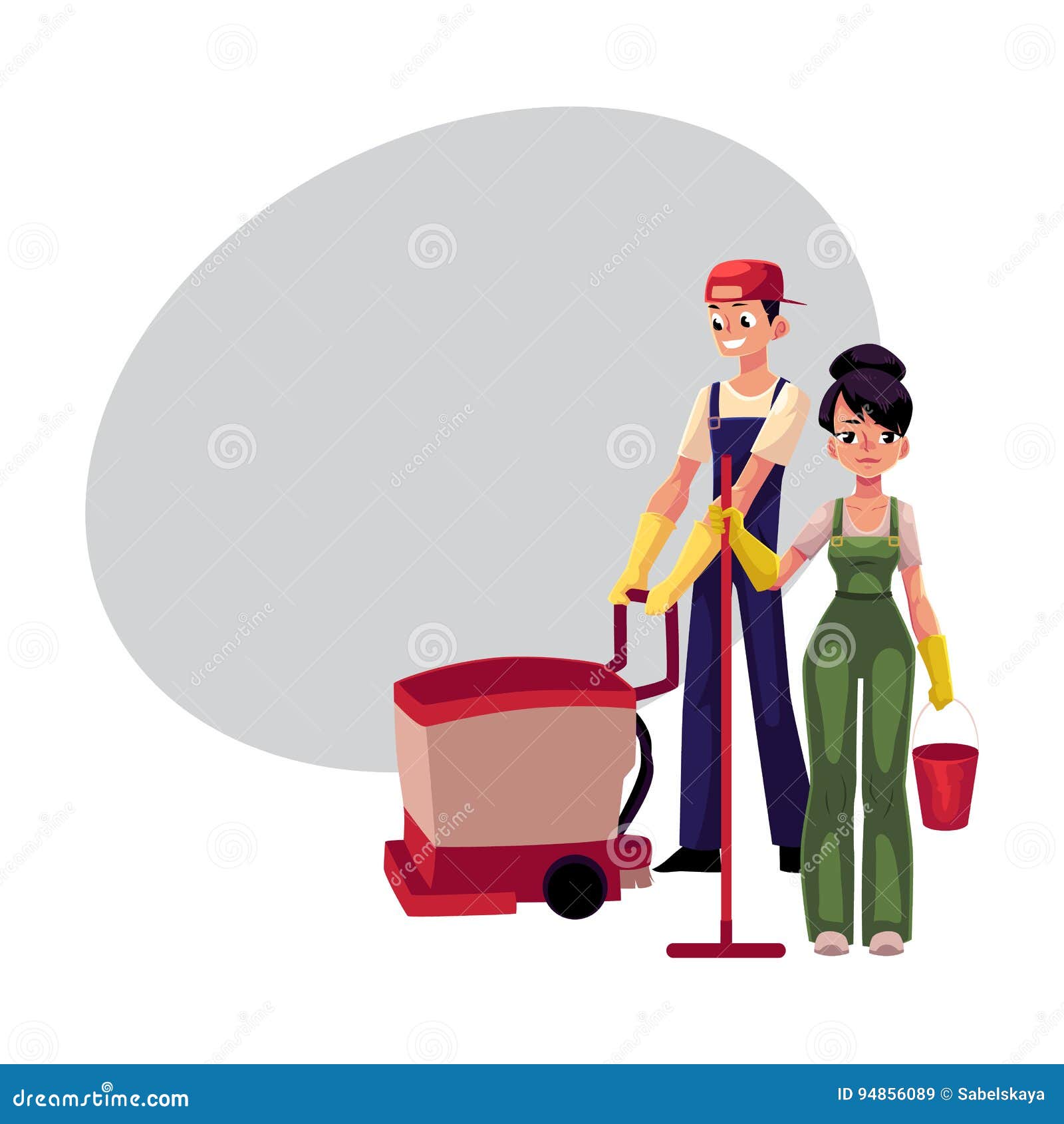Girl With Mop And Bucket Man Using Floor Cleaning Machine Stock