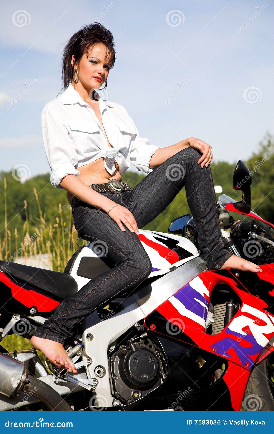 Girl with motorbike stock photo. Image of brunette, hair - 7583036