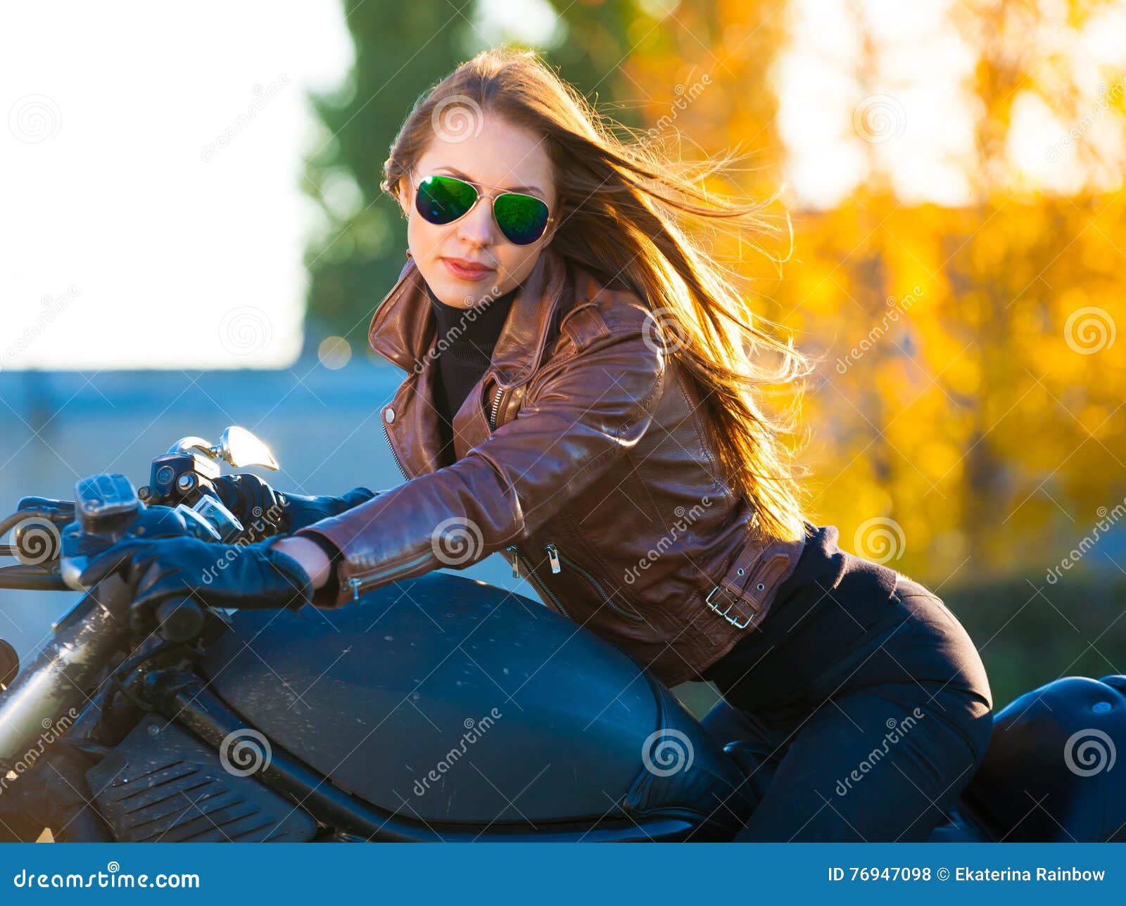 Girl on Motorcycle, Brown Jacket, Half Height Stock Photo - Image of ...