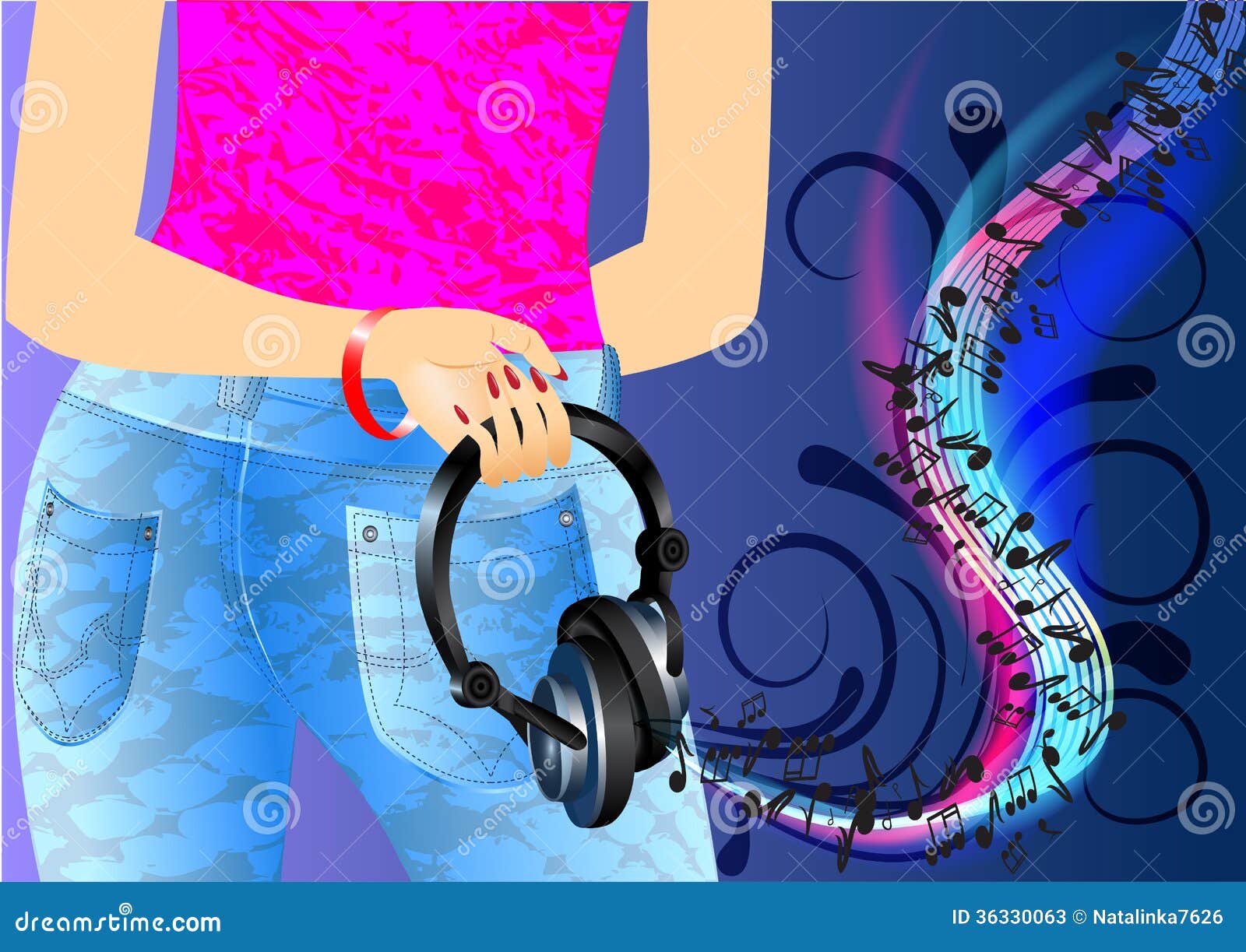 Girl and music headphones jeans music sound notes dynamic melody disco ...