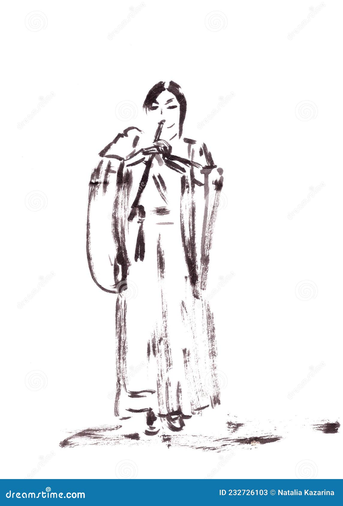 Girl Musician In Chinese Hanfu Playing Xiao Flute, Ink Drawing In ...