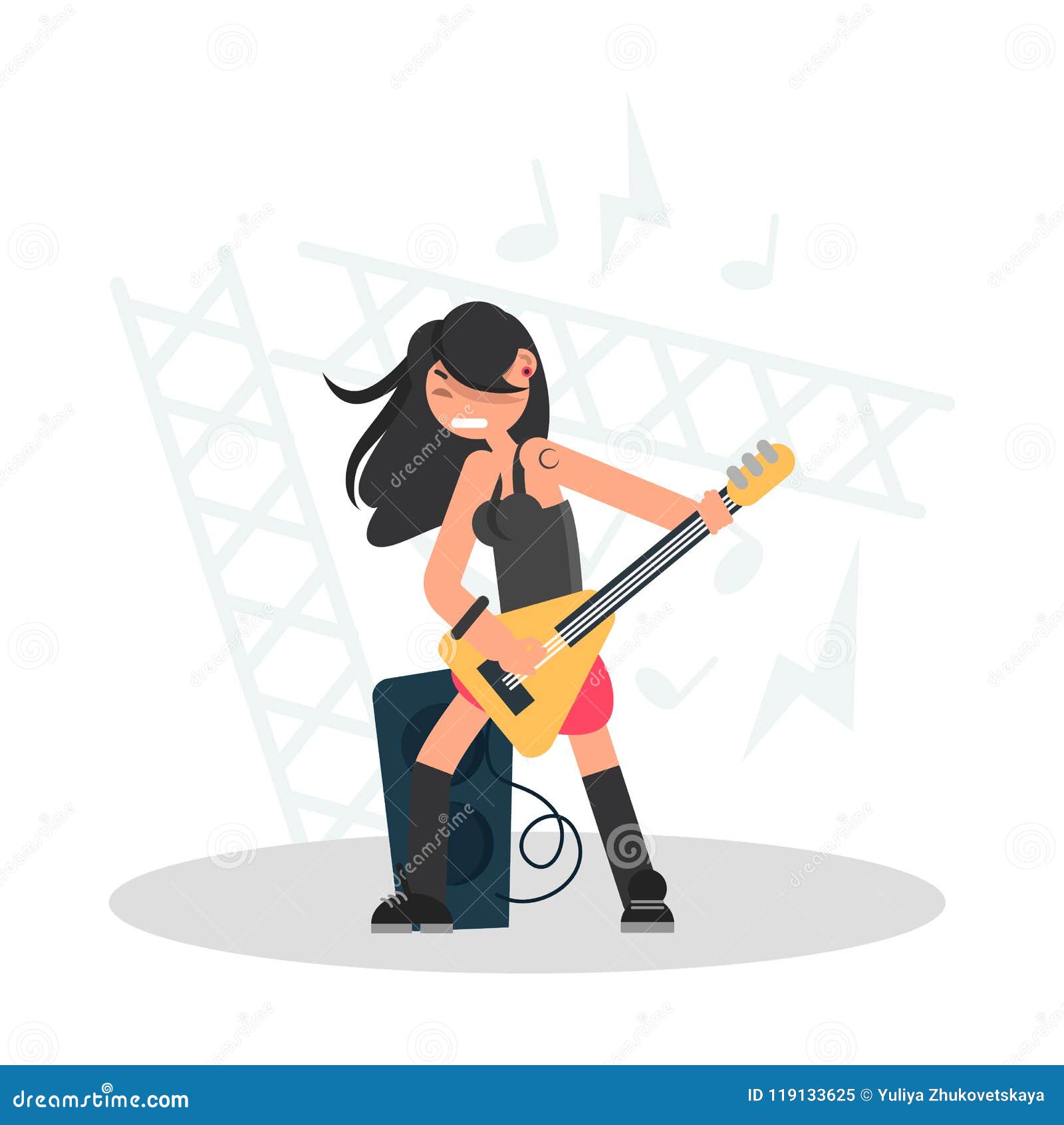 Girl Musician Playing Bass Guitar Color Flat Illustration Stock