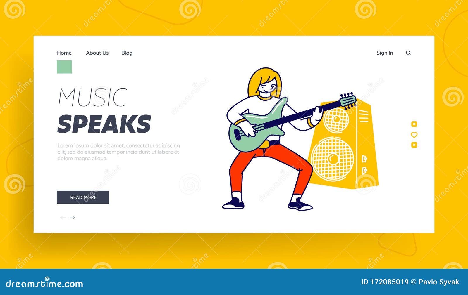 girl musician practicing playing electric guitar website landing page. lesson in musical school or soloist music concert