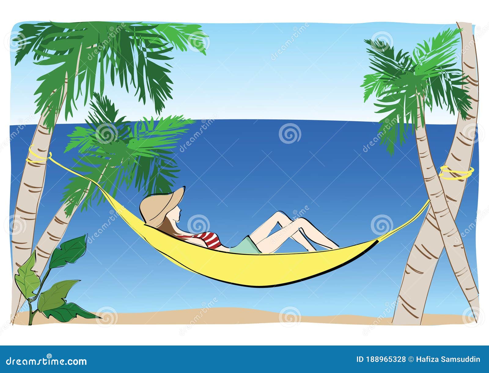 Girl Napping on a Hammock by the Beach. Vector Illustration Decorative