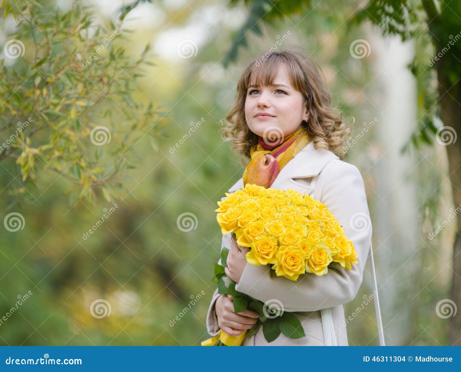 Girl on Nature with a Bouquet of Yellow Roses Stock Photo - Image of ...