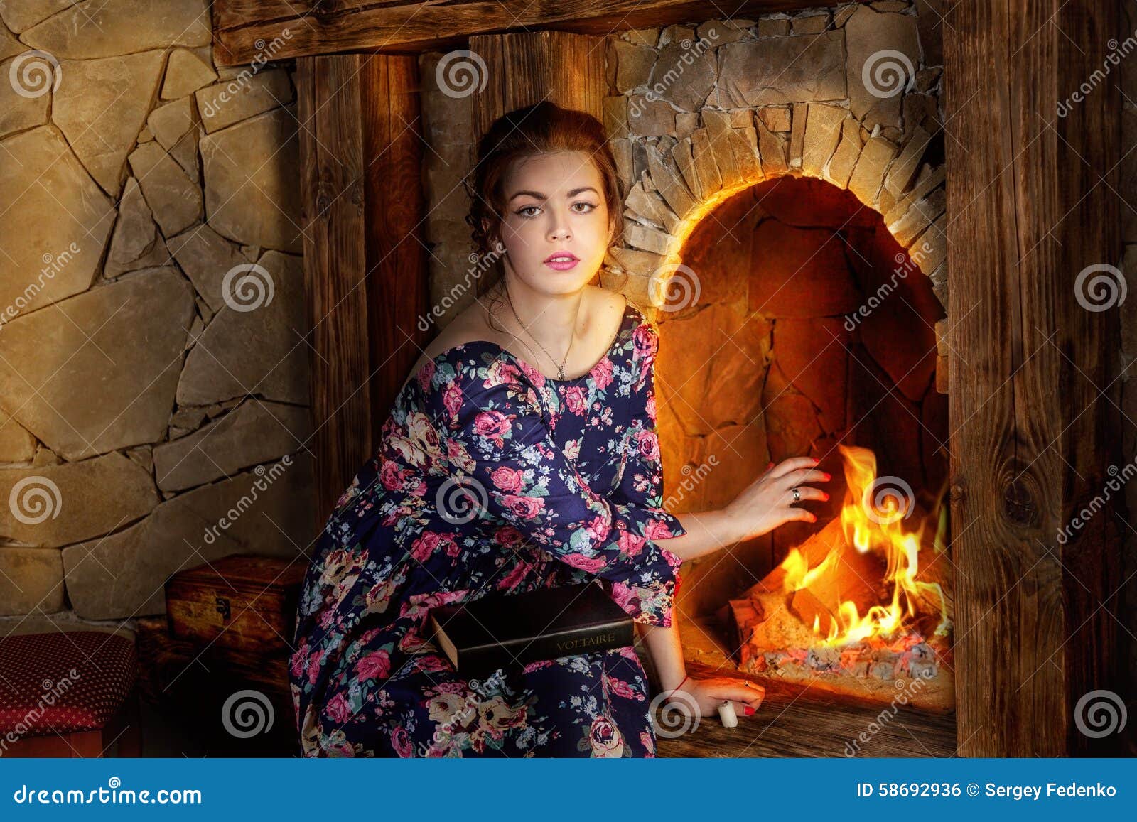 The girl near a fireplace stock photo. Image of antique 58692936