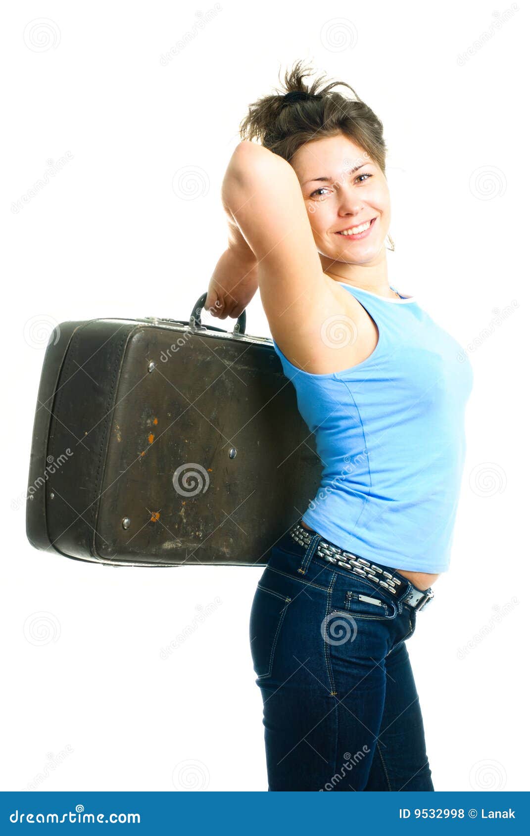 Girl with an old suitcase stock photo. Image of isolated - 9532998