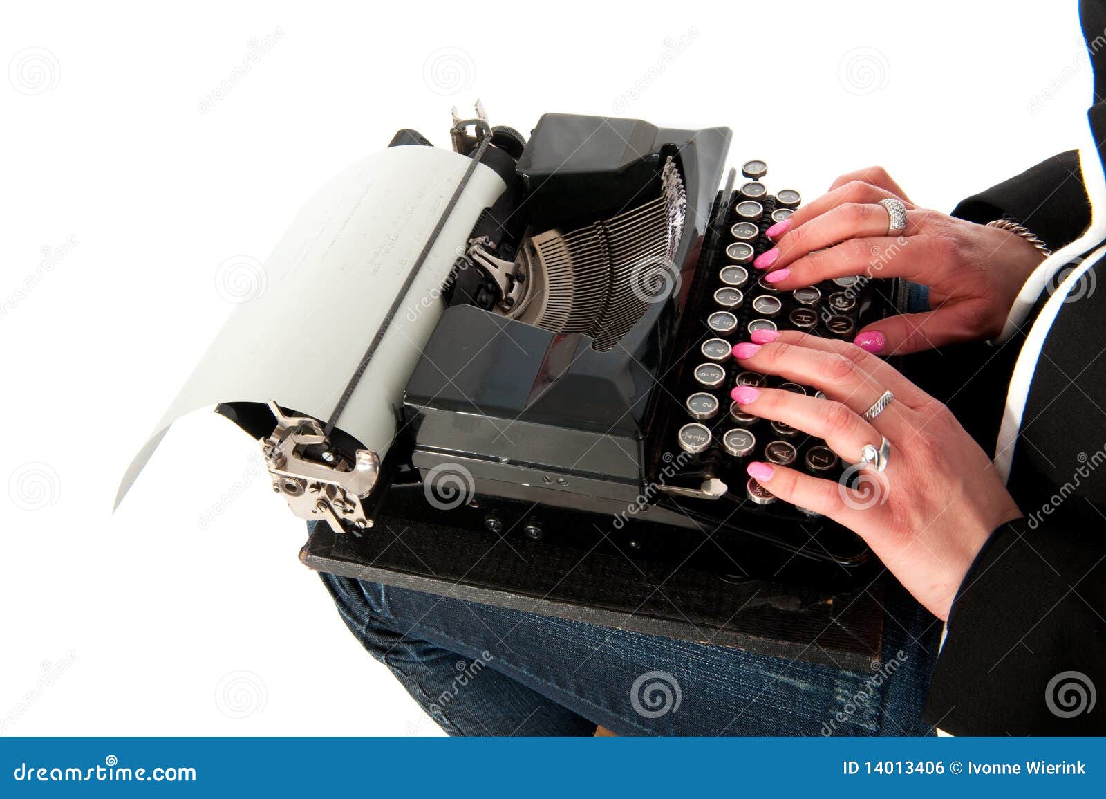 Girl with old typewriter stock photo. Image of empty 14013406