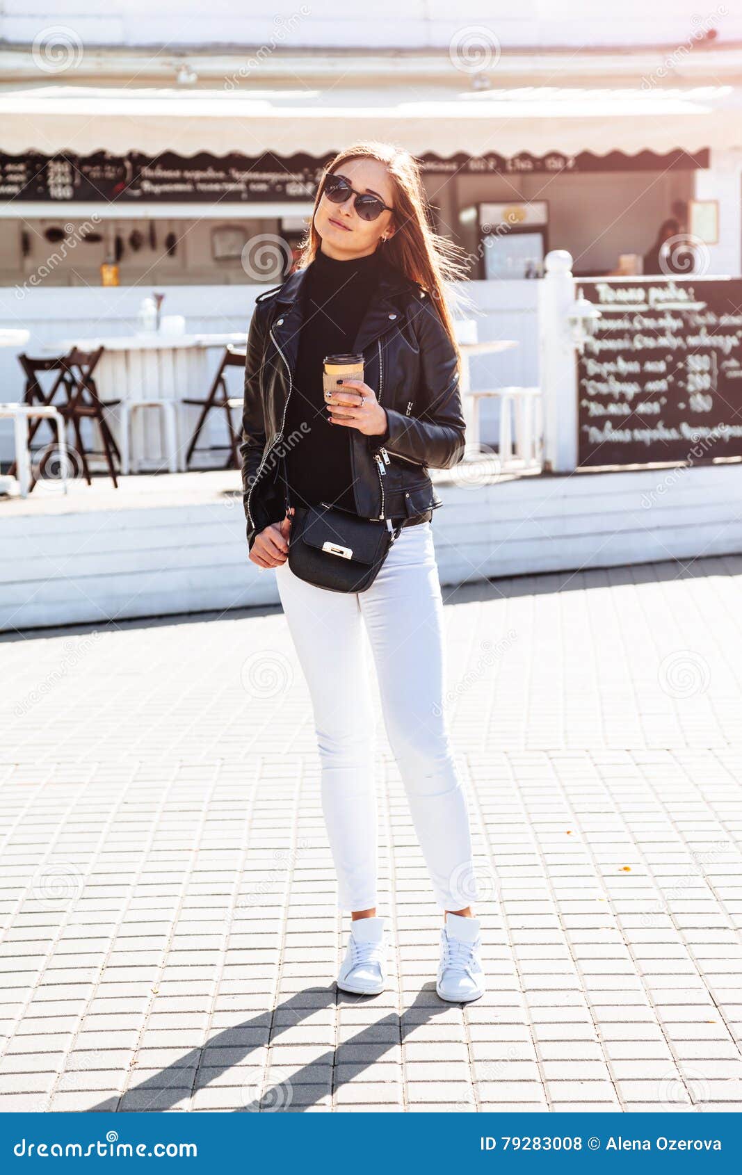 Girl in outdoor cafe stock photo. Image of black, paper - 79283008