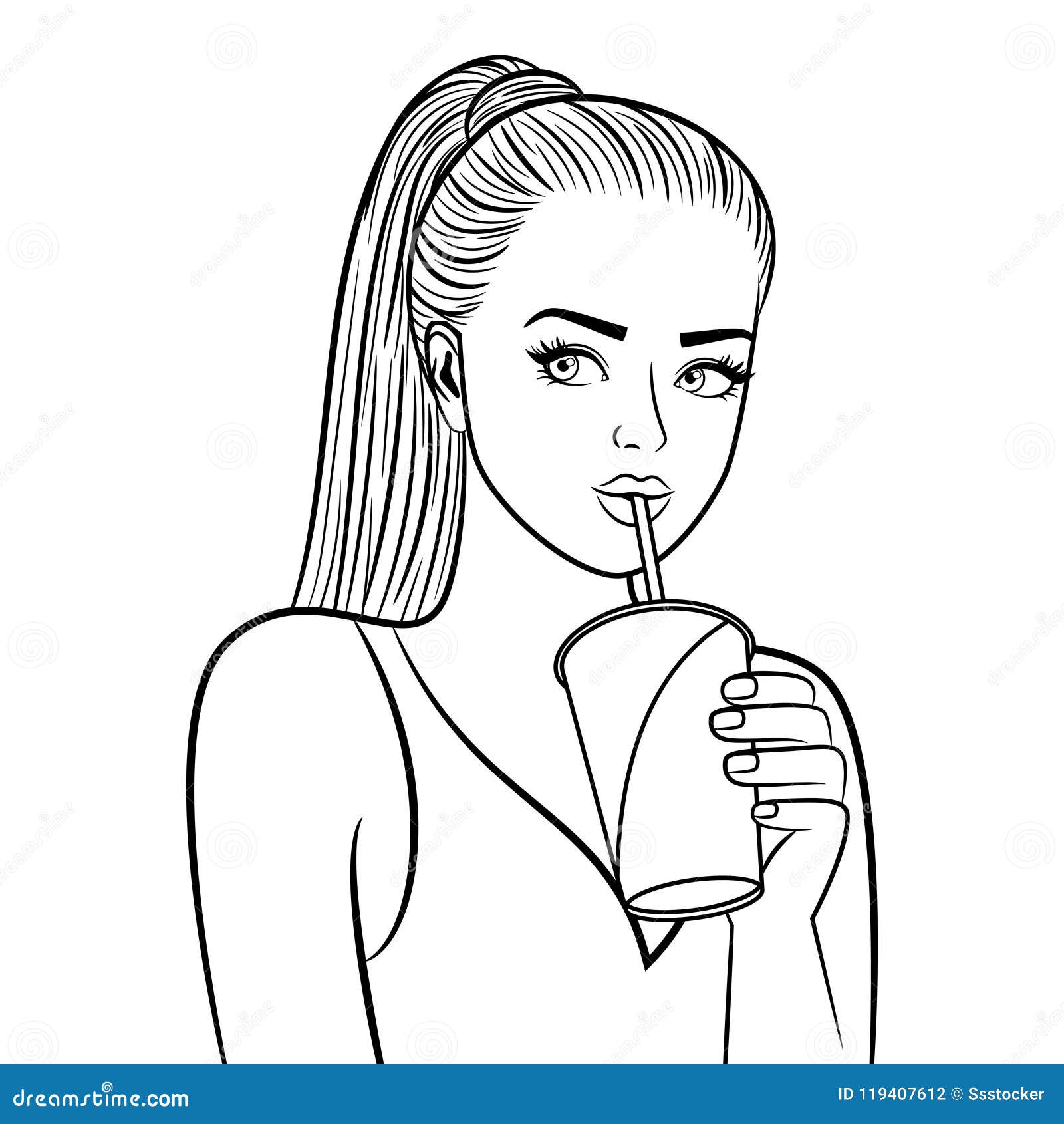 Girl with Paper Cup Coloring Page Stock Vector   Illustration of ...