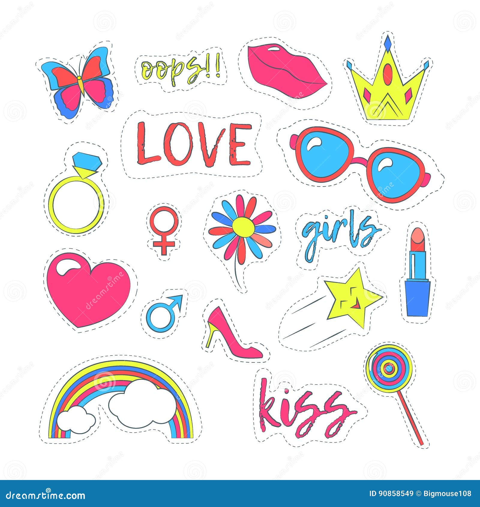 Girl Patches Sticker Color Set. Vector Stock Vector - Illustration of ...