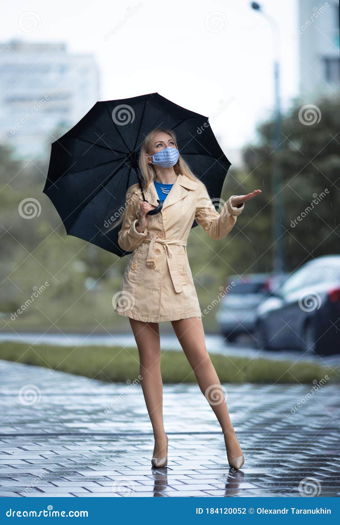 Girl with Perfect Legs in Pantyhose with Umbrella Under the Rain ...