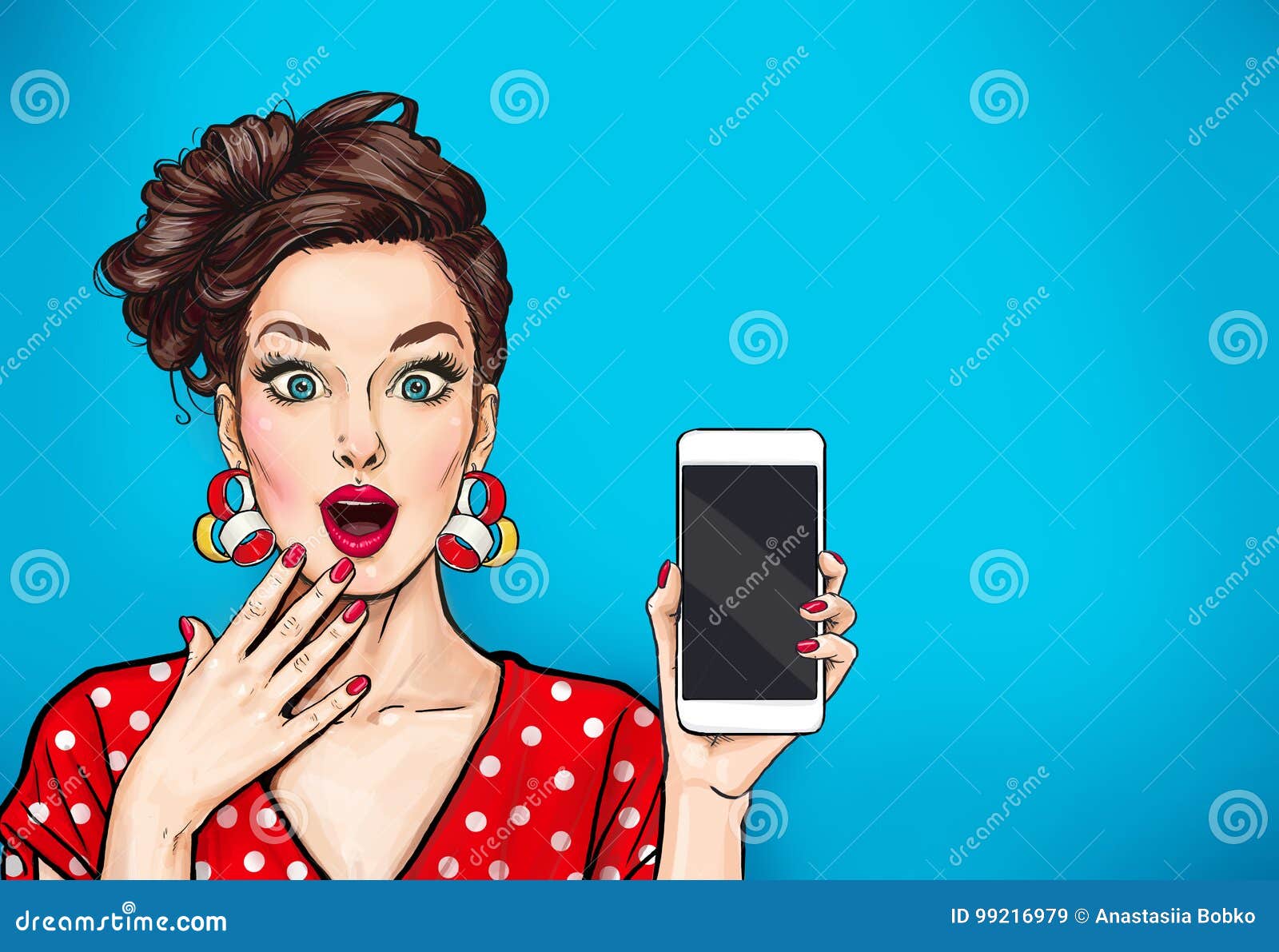 girl with phone in the hand in comic style. woman with smartphone. hipster girl. digital advertisement.woman with phone.