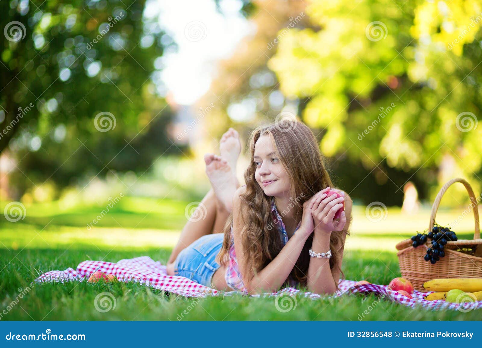 Girl on a picnic in park stock photo. Image of park, food 32856548