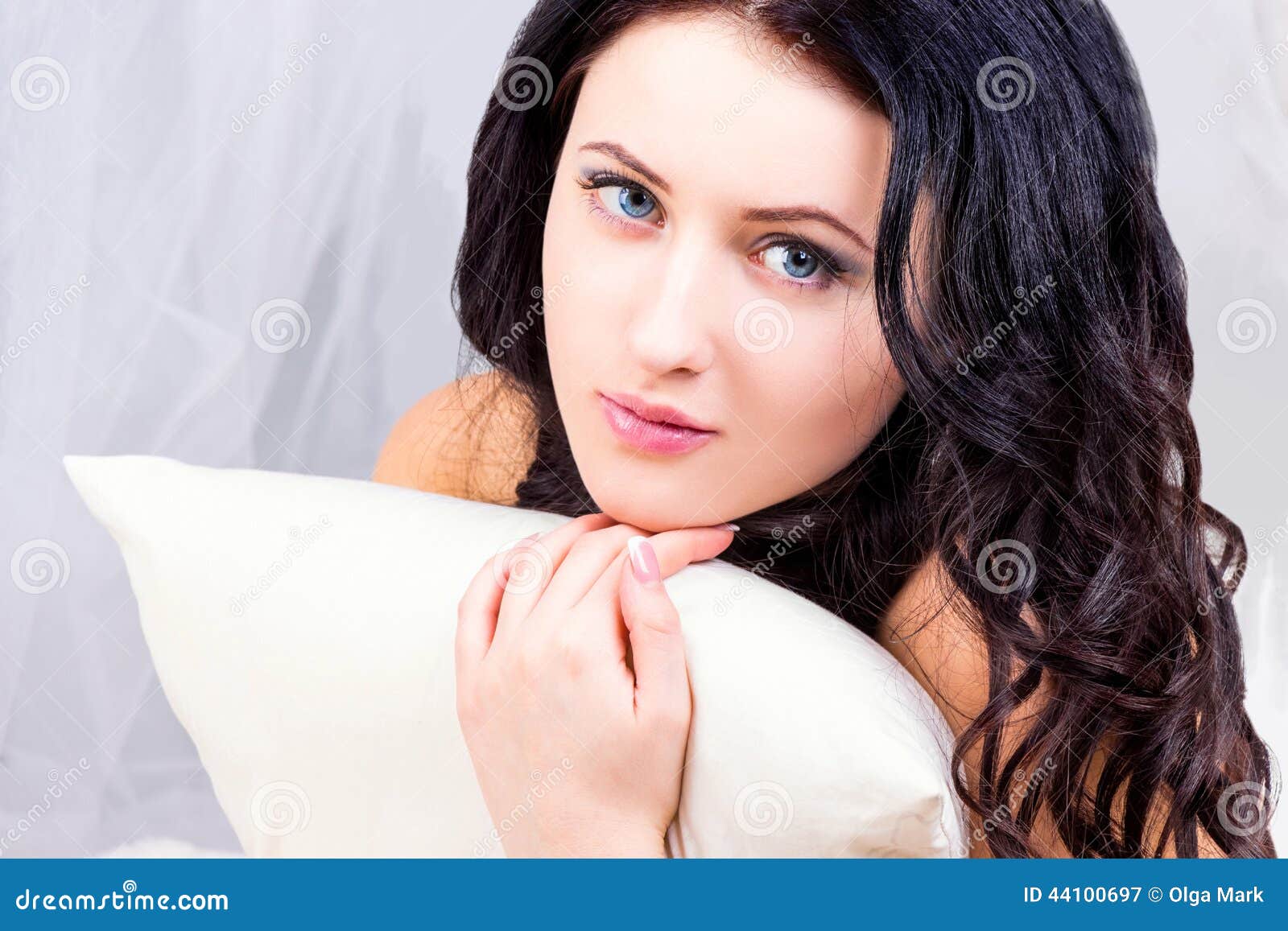 Girl with pillow stock image. Image of innocence, hair 44100697