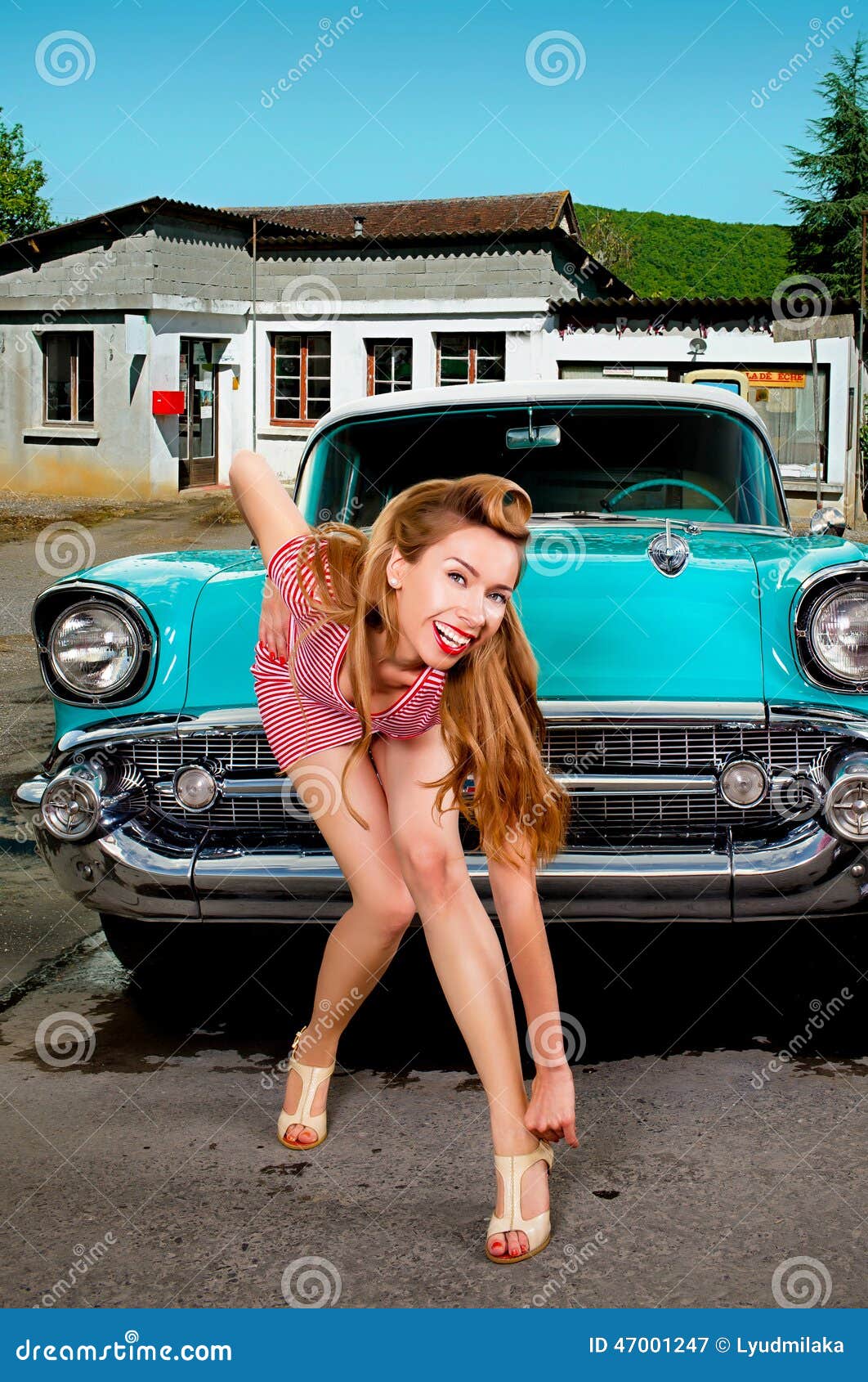 Girl pin-up, retro car stock image. Image of service 