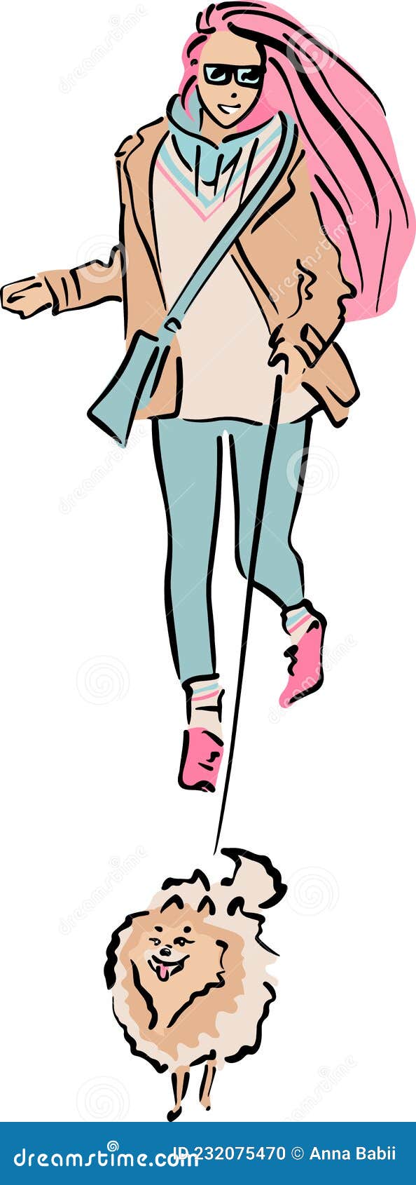 Girl with Pink Hair Walking the Pomeranian Dog. Vector Illustration