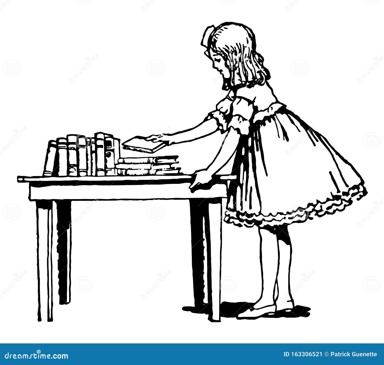 girl placing books on table,  counter, vintage engraving