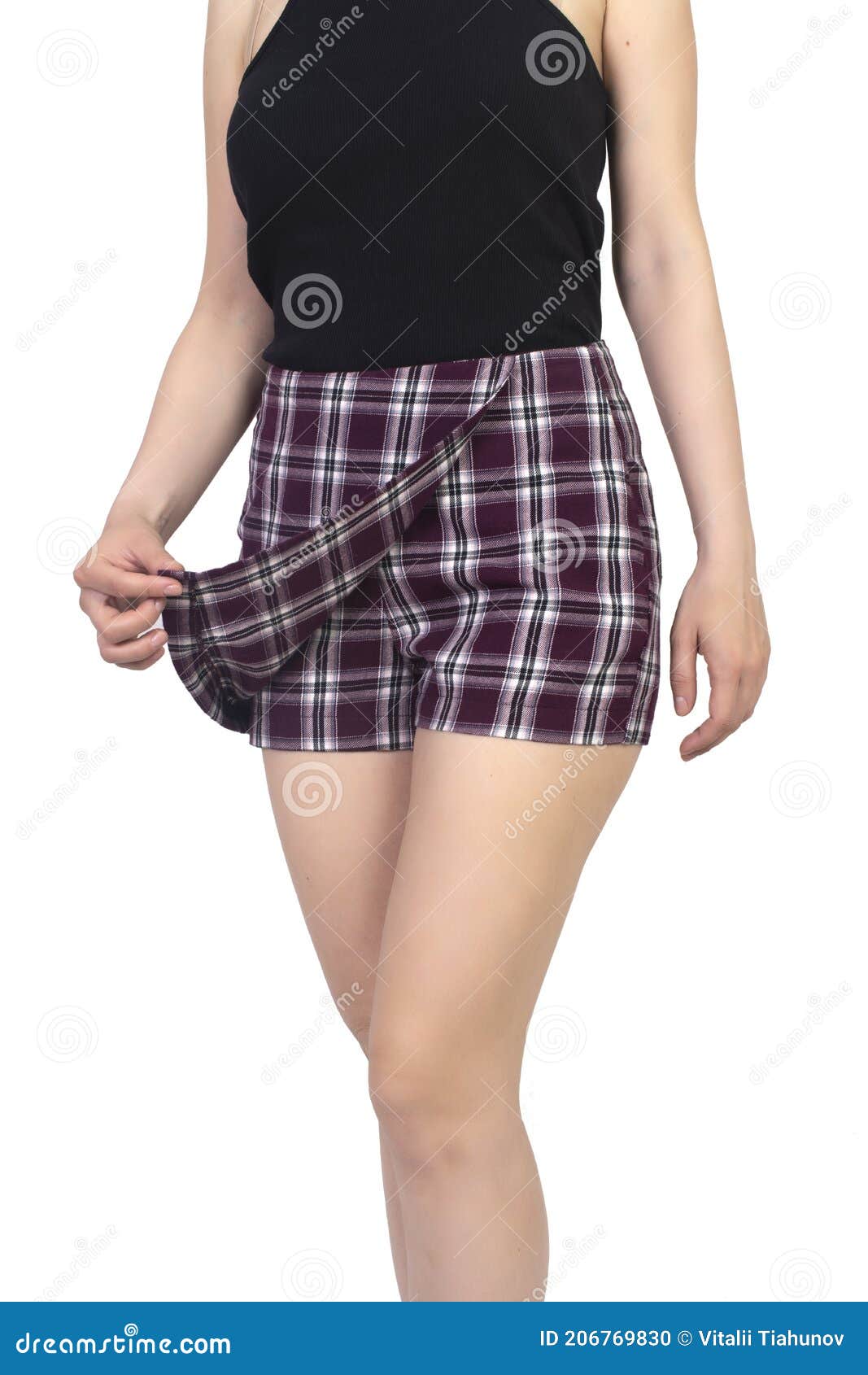 Girl in a Plaid Shorts Skirt Isolated on White, Front and Back