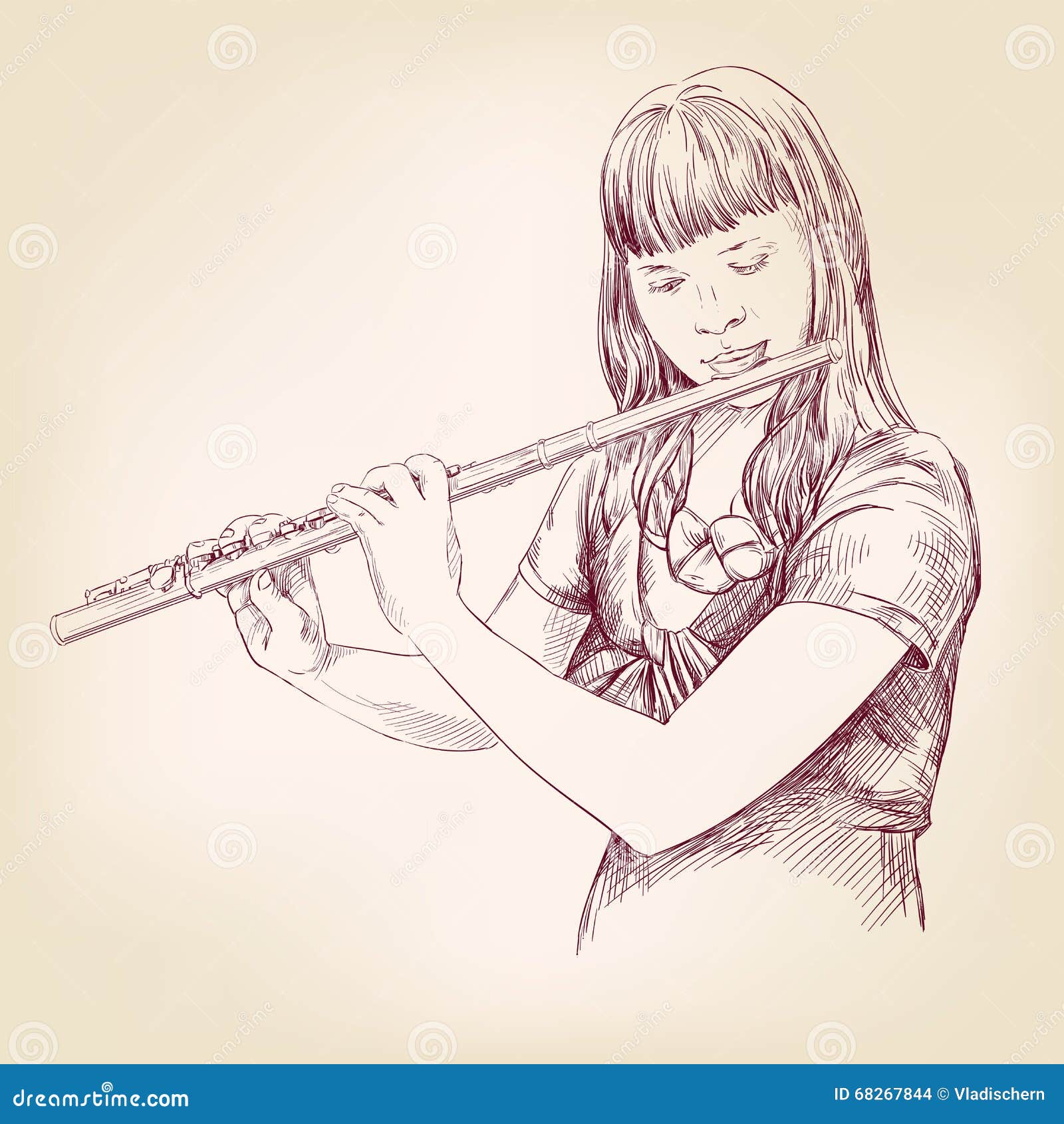 Girl Playing the Flute Hand Drawn Vector Llustration Sketch Stock