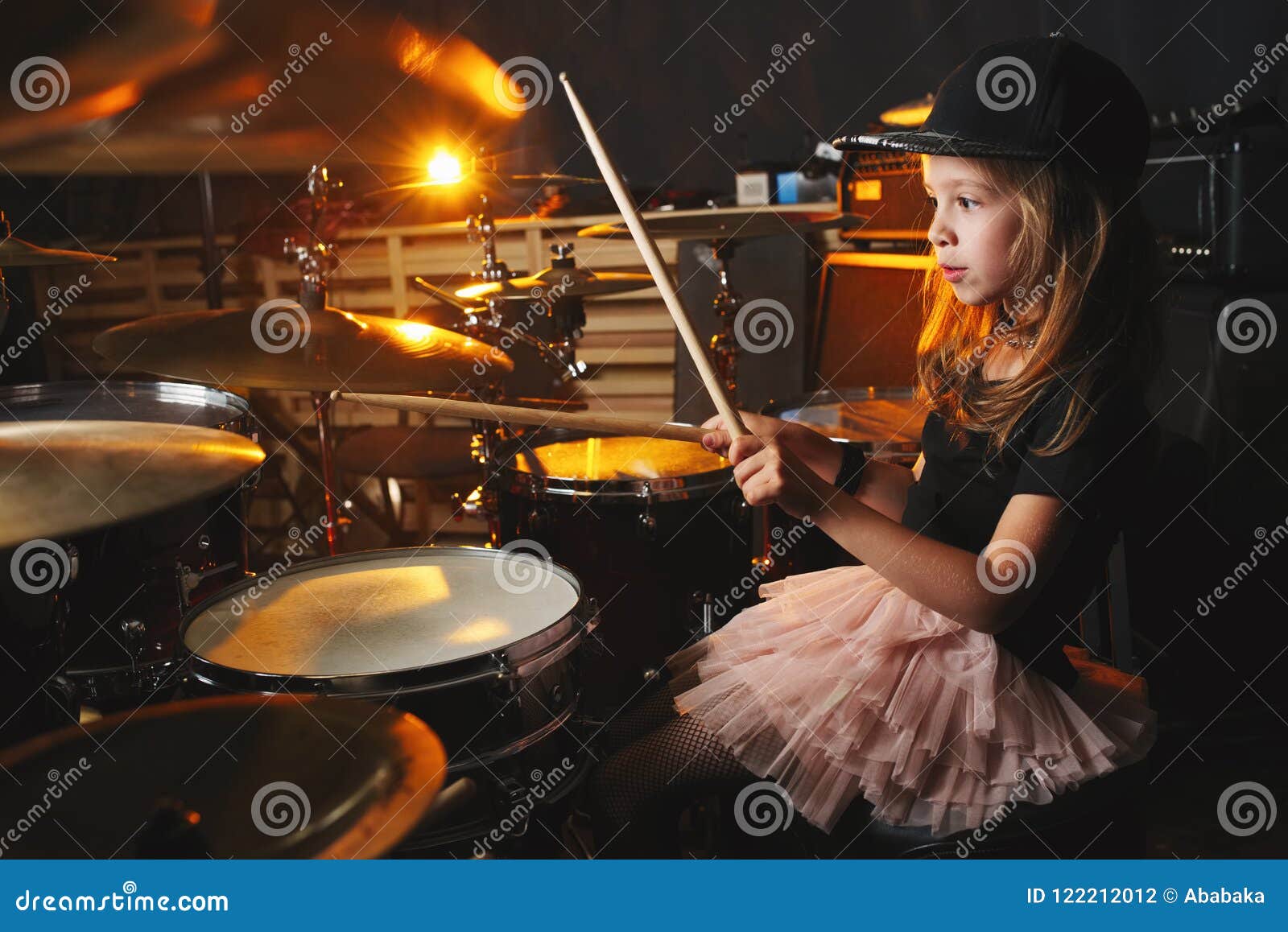 Girl Plays Drums in Recording Studio Stock Photo Image of beat, drum 122212012