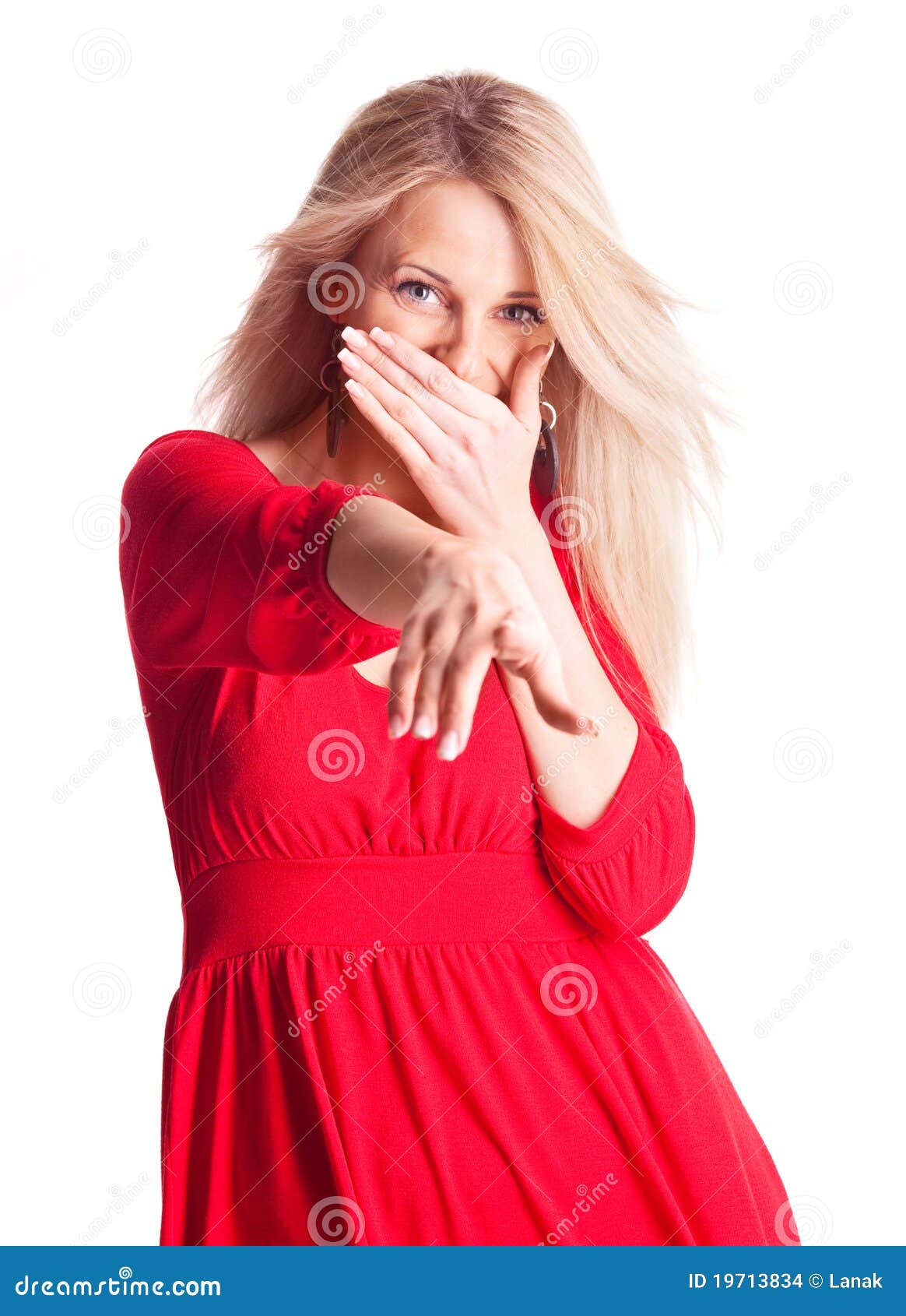 Girl Pointing At Us And Laughing Stock Photo - Image of persuade, dress