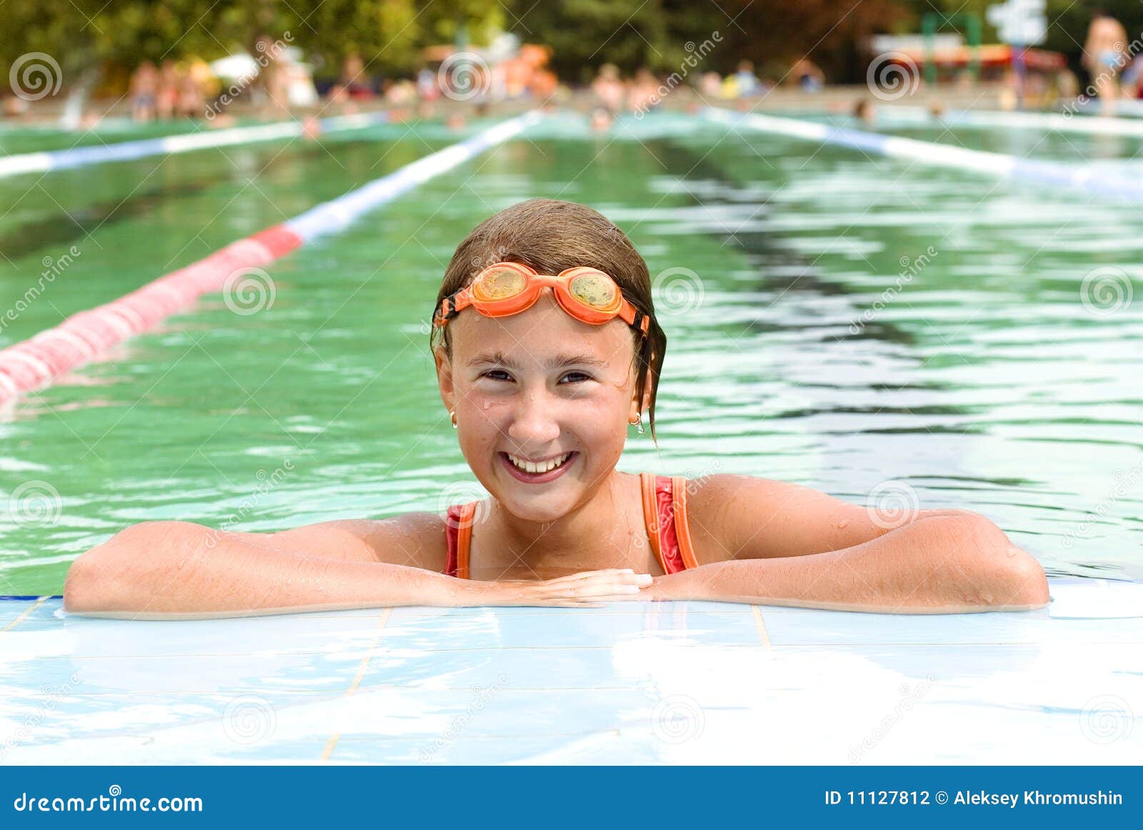 Girl in pool with a thermal water.