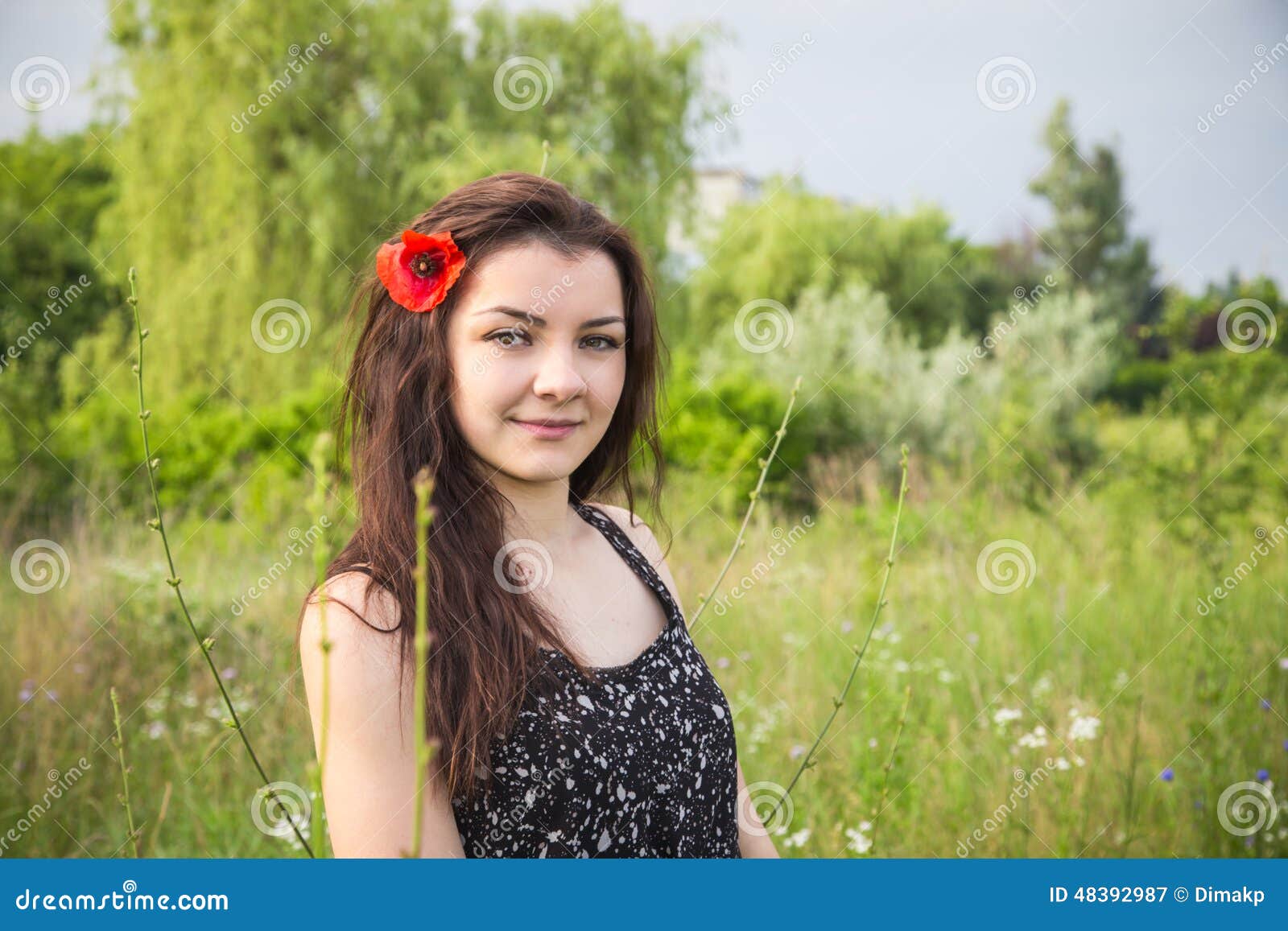 Girl with a Poppy in Her Hair Stock Image - Image of grass, orange ...