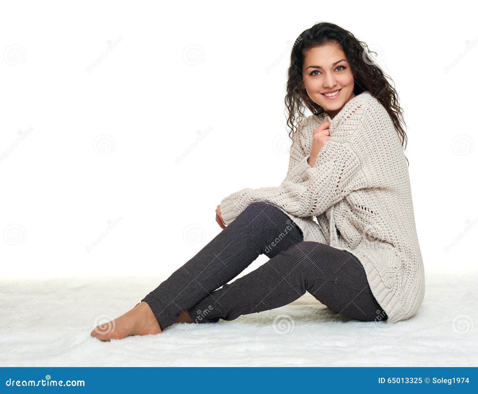 Girl Portrait in Homelike Dress Sit on Fur Floor, White Background ...