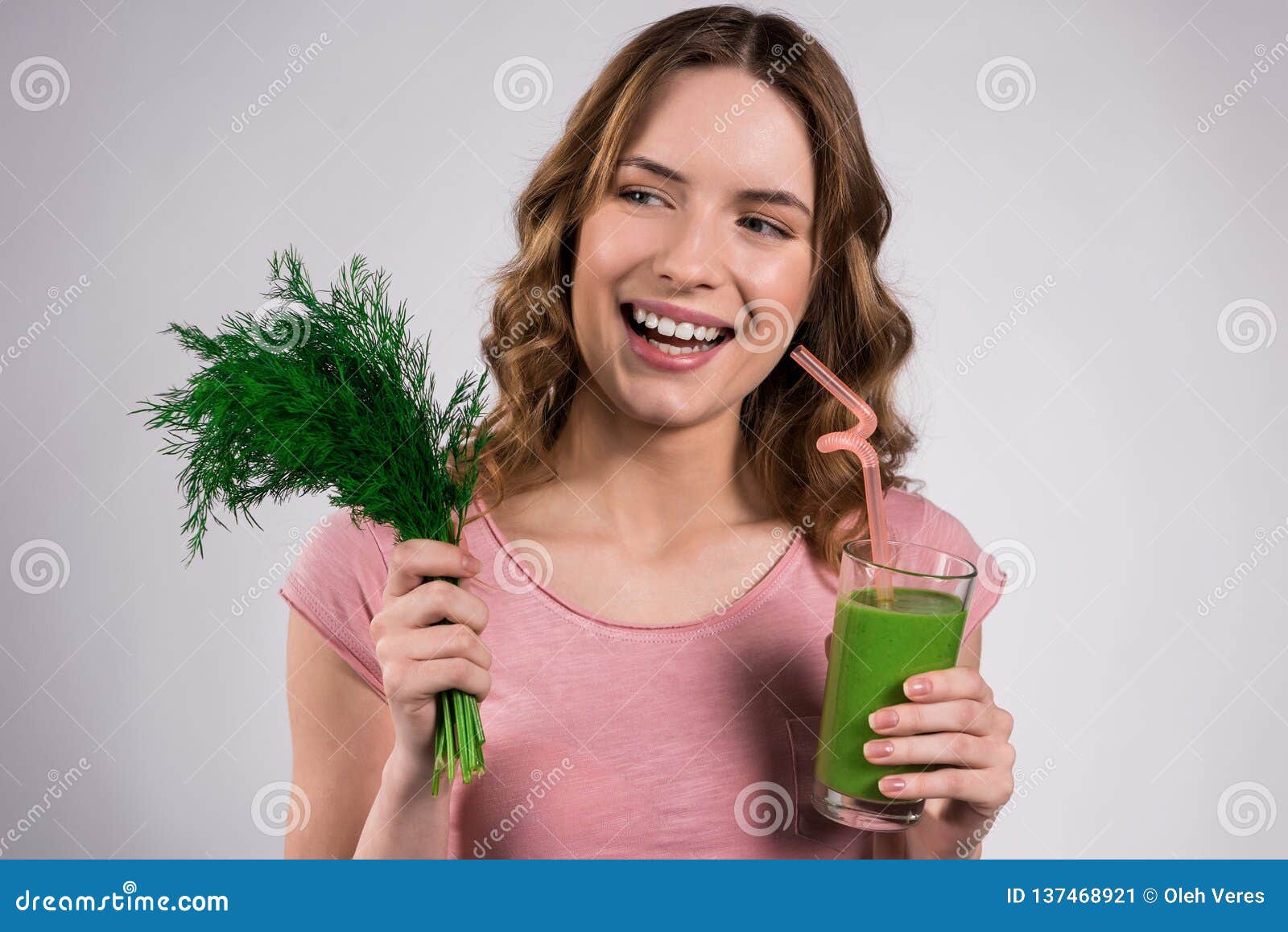 Girl Posing With Green Juice And Greenery Isolated Stock Image Image