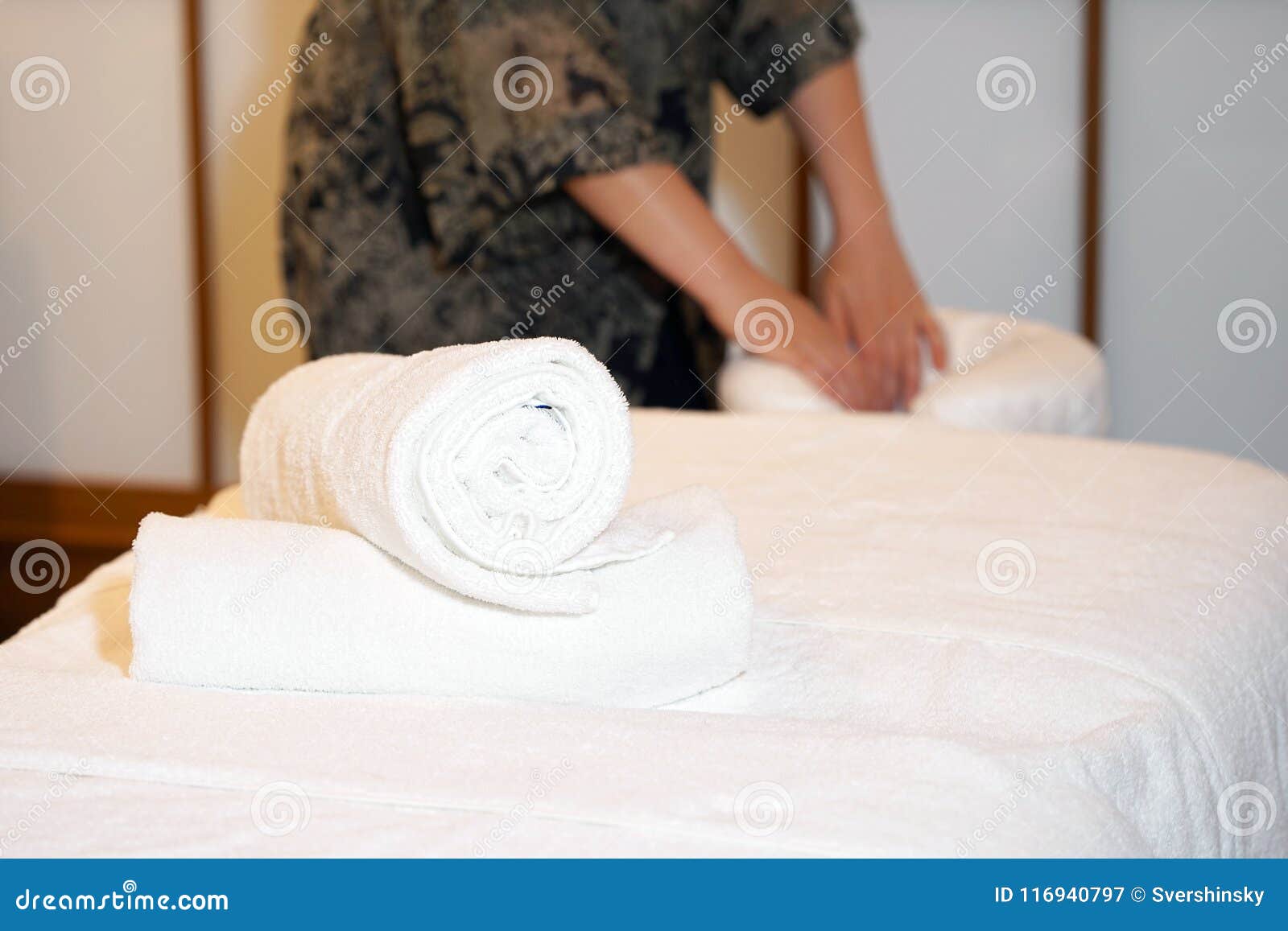 Maid cleaning at the spa stock image pic