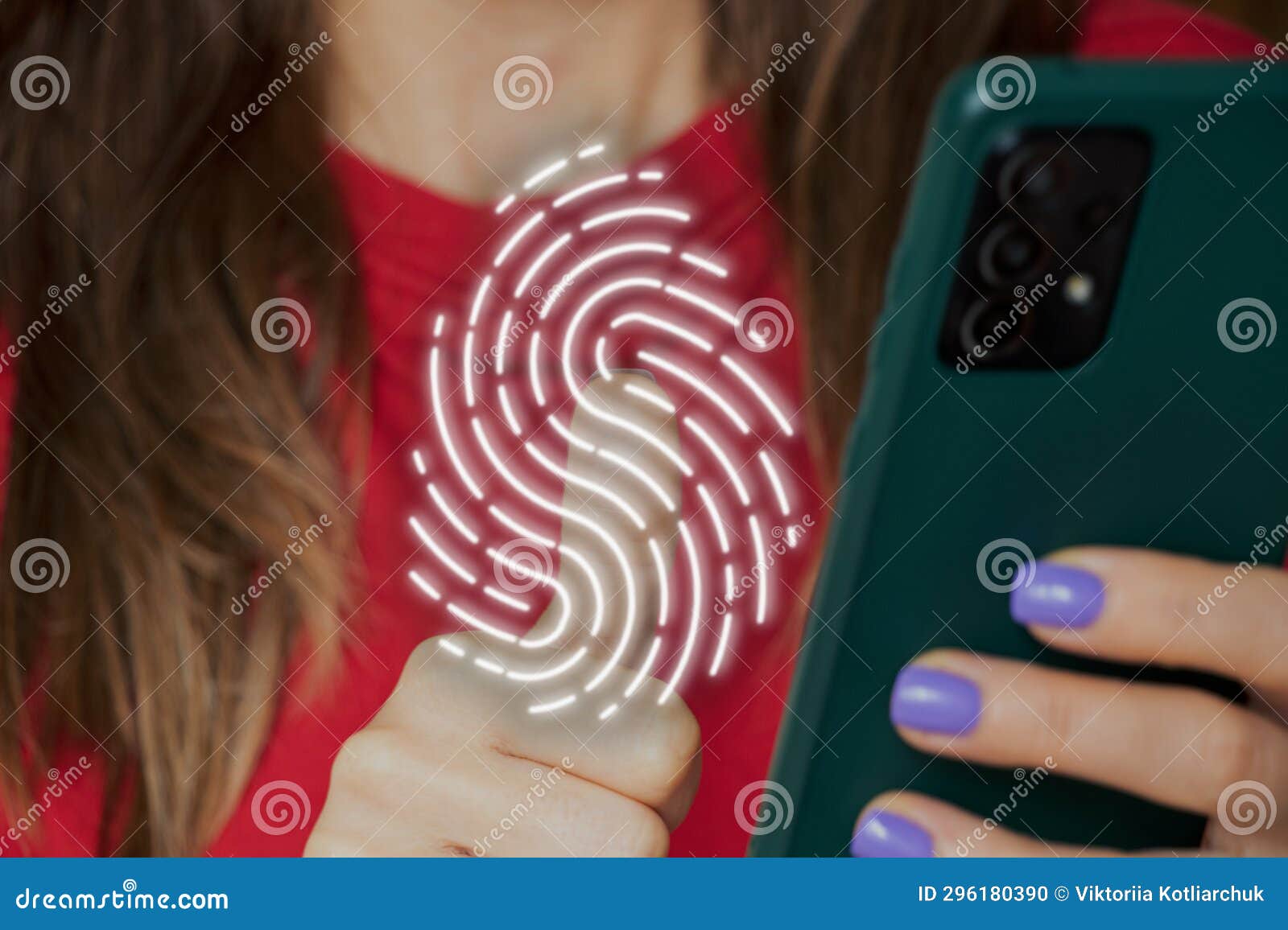 The Girl Presses Her Fingers on the Virtual Fingerprint of the Phone, Password and Data Security