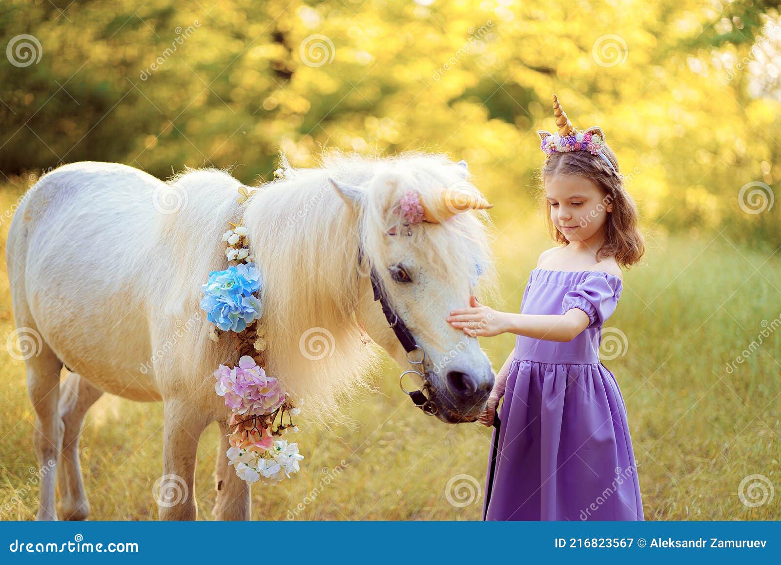 Girl in Purple Dress with Wreath of a Unicorn in Hair Hugging Wh Stock  Image - Image of background, cute: 216823567