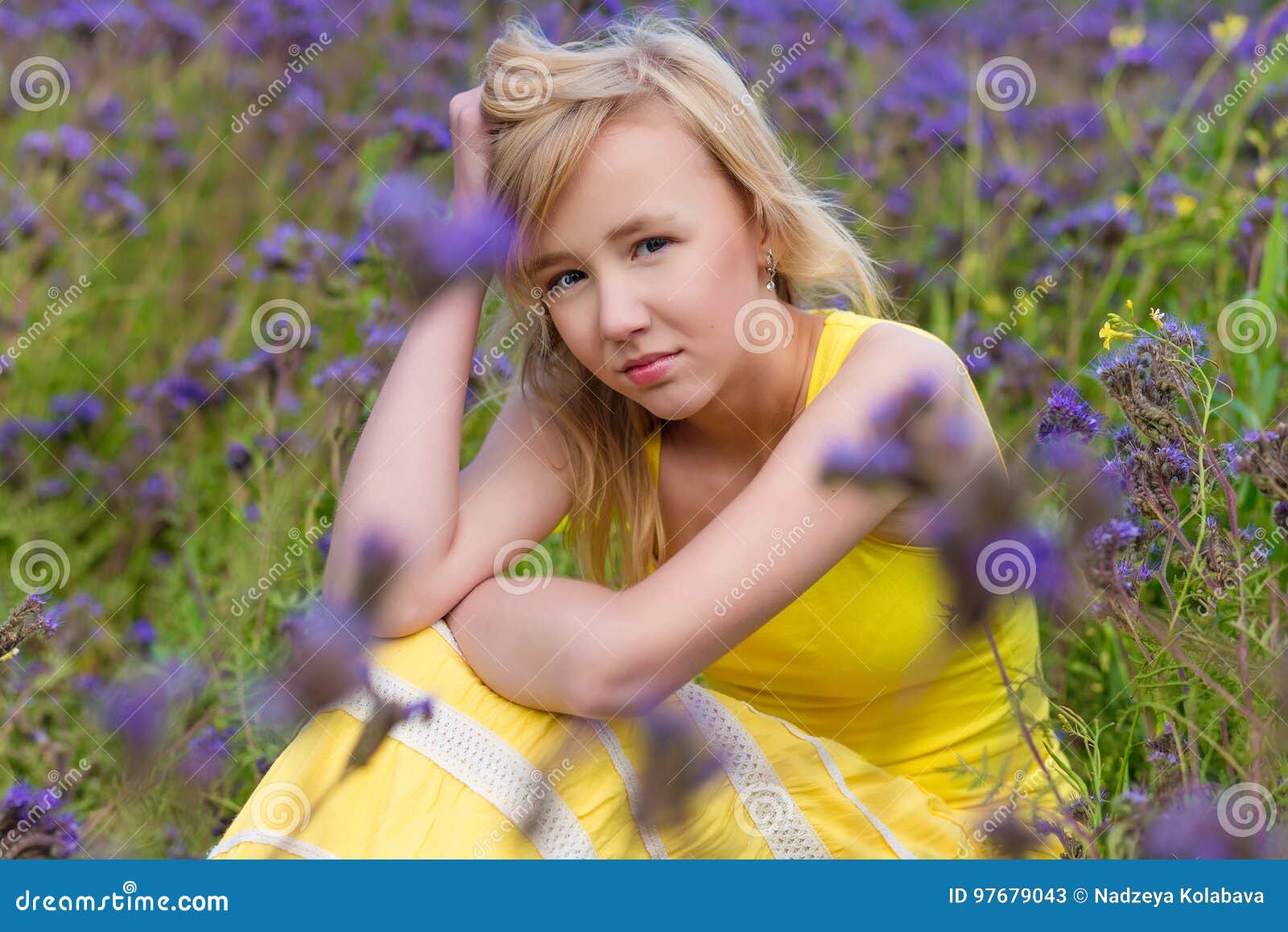 yellow dress purple flowers