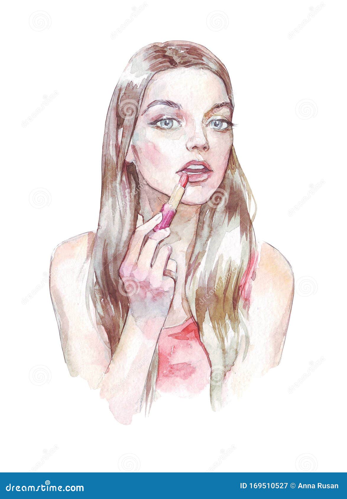 Girl Putting On Lipstick Watercolor Art Stock Illustration - Illustration Of Style, Lips: 169510527