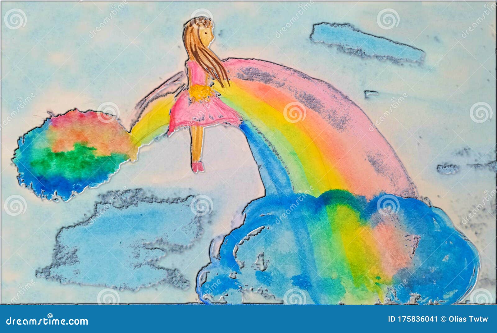 Girl and the Rainbow. Drawing, Illustration of a Beautiful Little ...