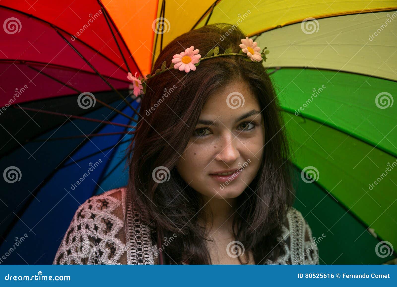Girl with a Rainbow Umbrella Stock Photo Image of rain, multicolor