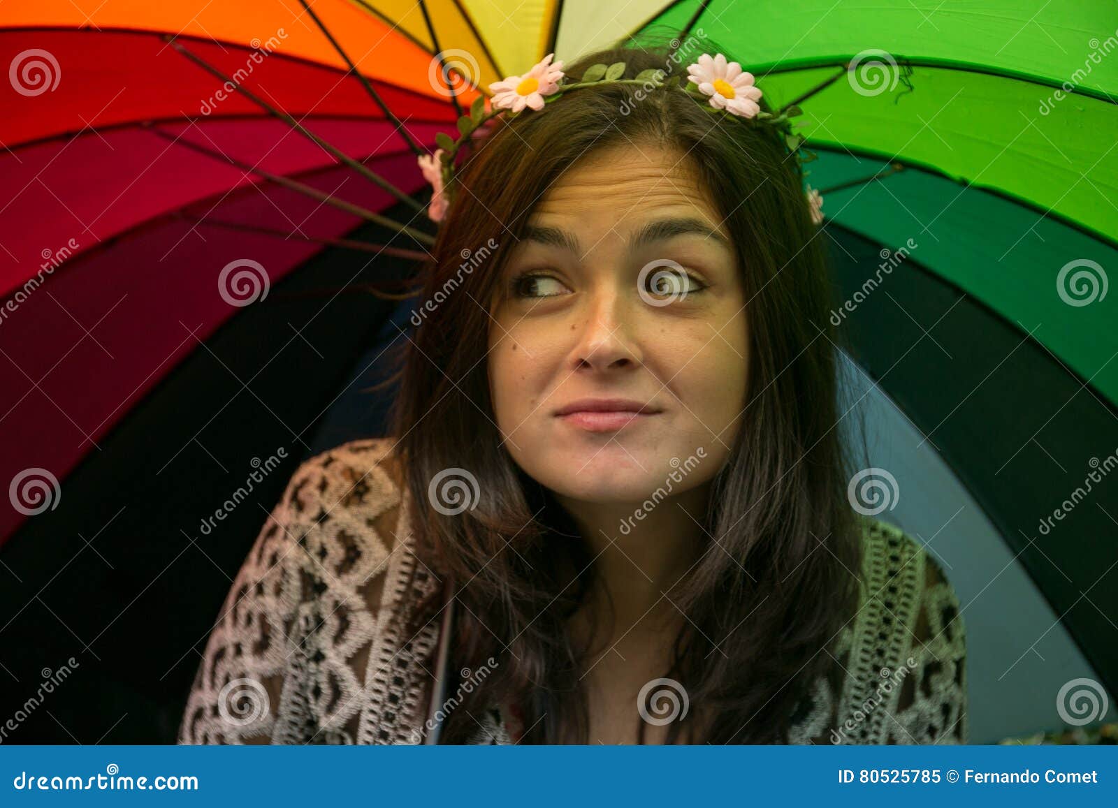 Girl with a Rainbow Umbrella Stock Image Image of plant, door 80525785