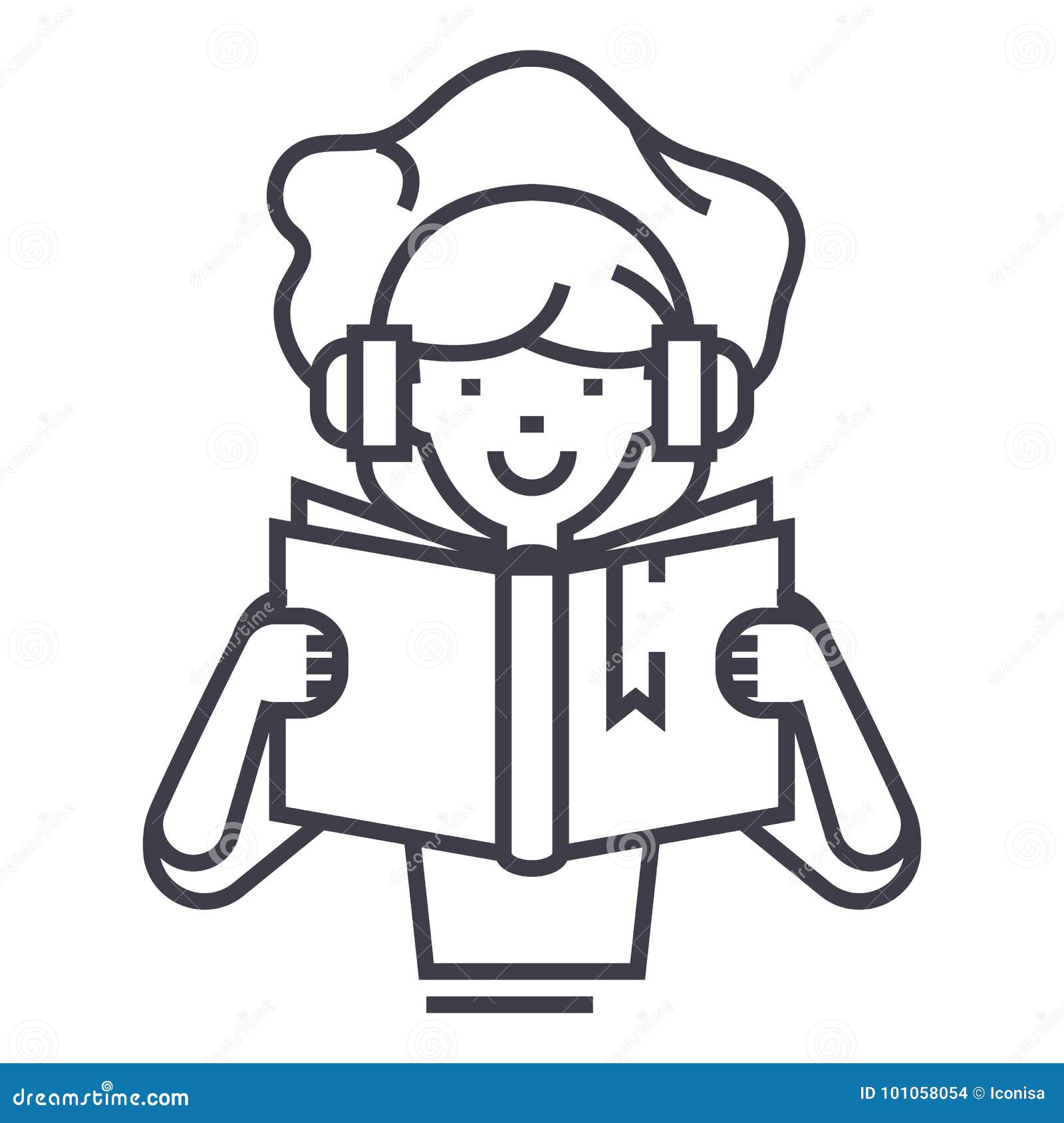 Girl Reading Book In Earphones Vector Line Icon, Sign