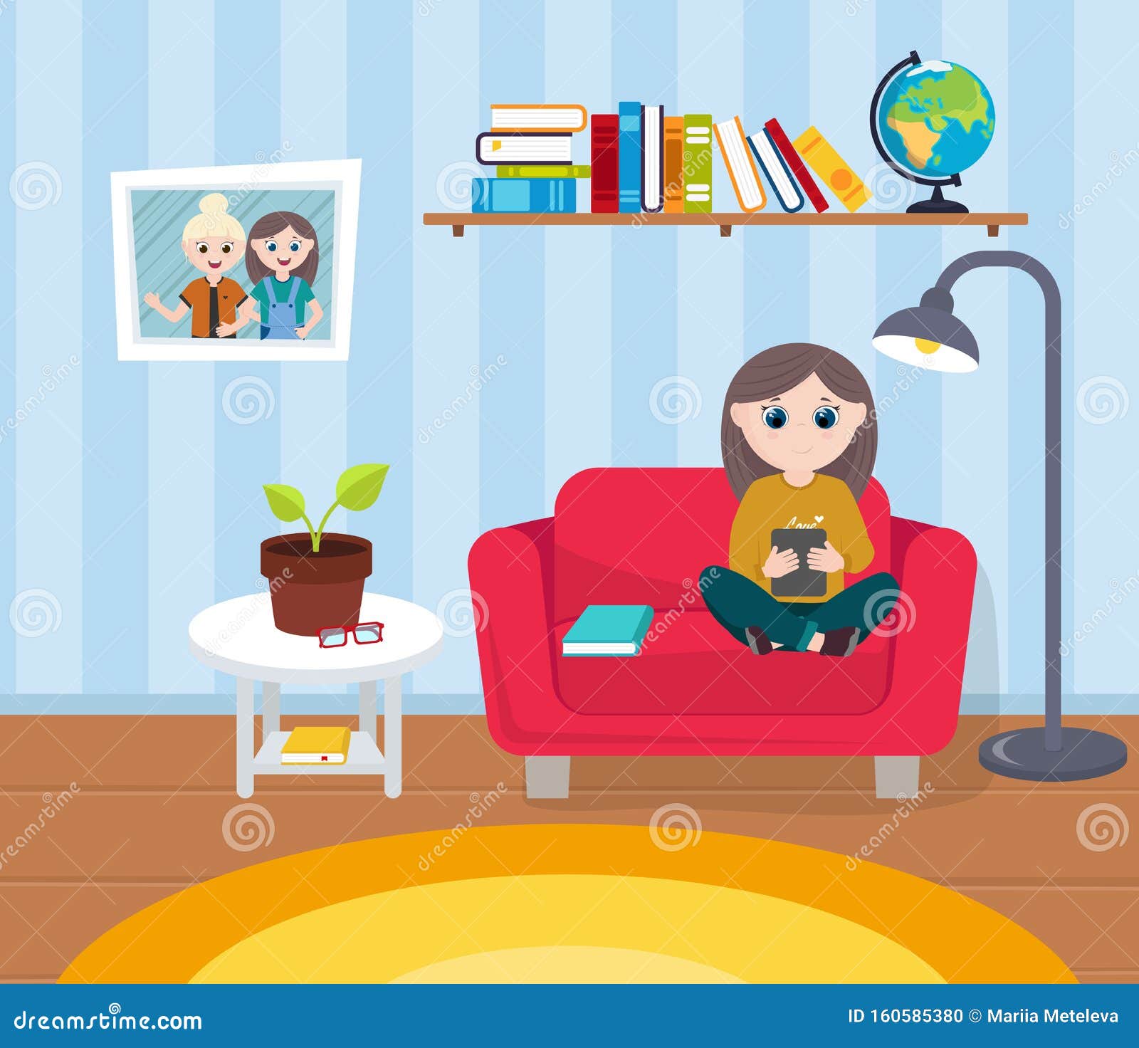Girl Reading Ebook on Red Couch at Living Room. Vector Illustration Stock  Vector - Illustration of comfort, indoor: 160585380