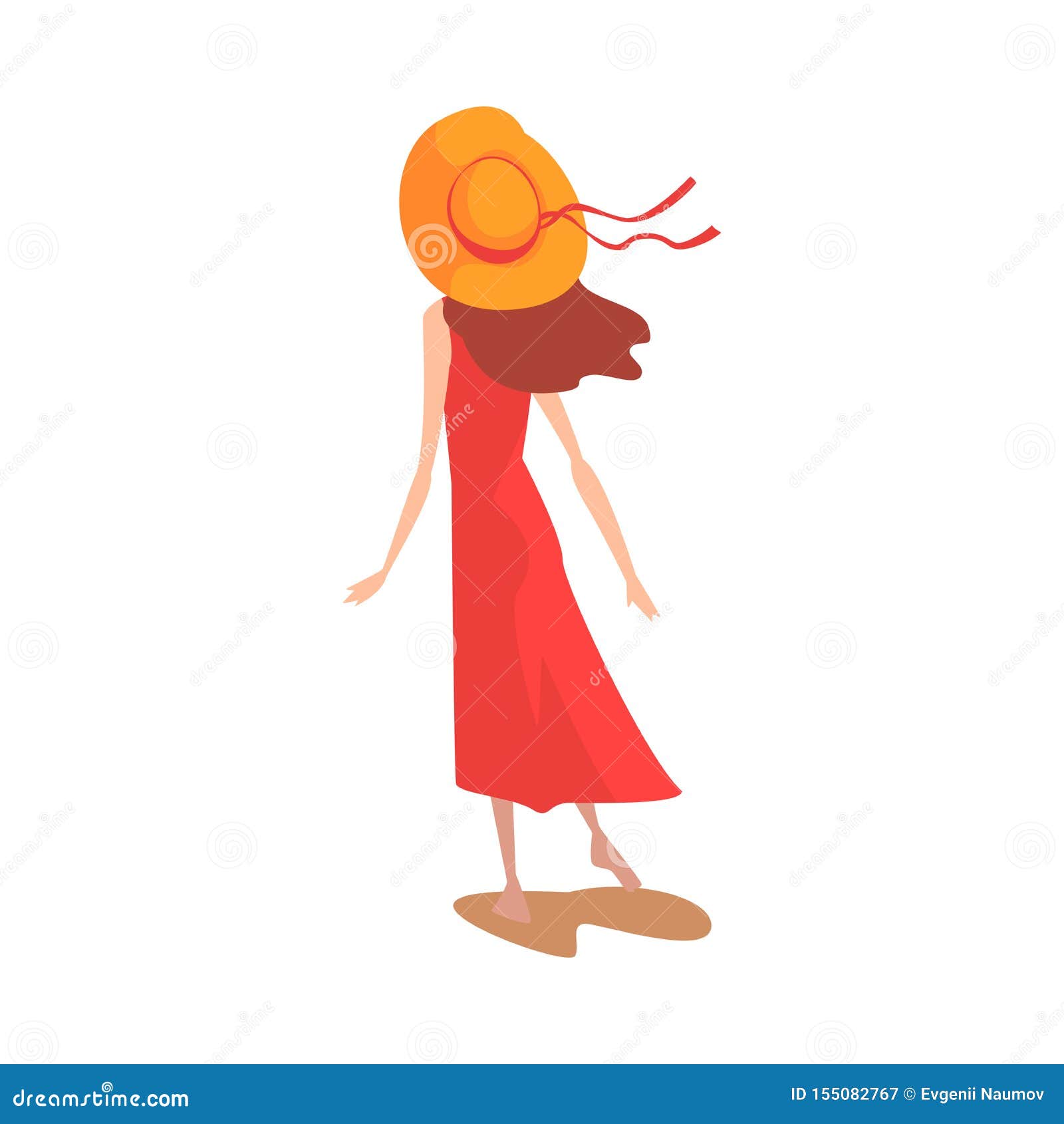 Girl in Red Dress and Straw Hat, View from Behind Vector Illustration ...
