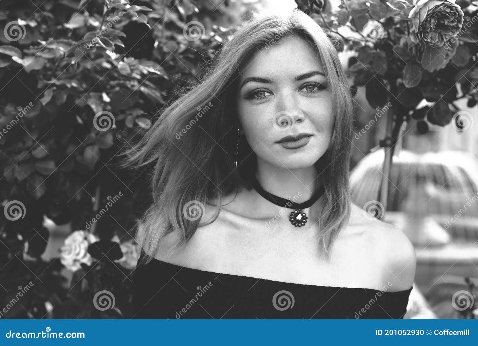 Girl with Red Hair in a Black Dress Stock Photo - Image of street ...