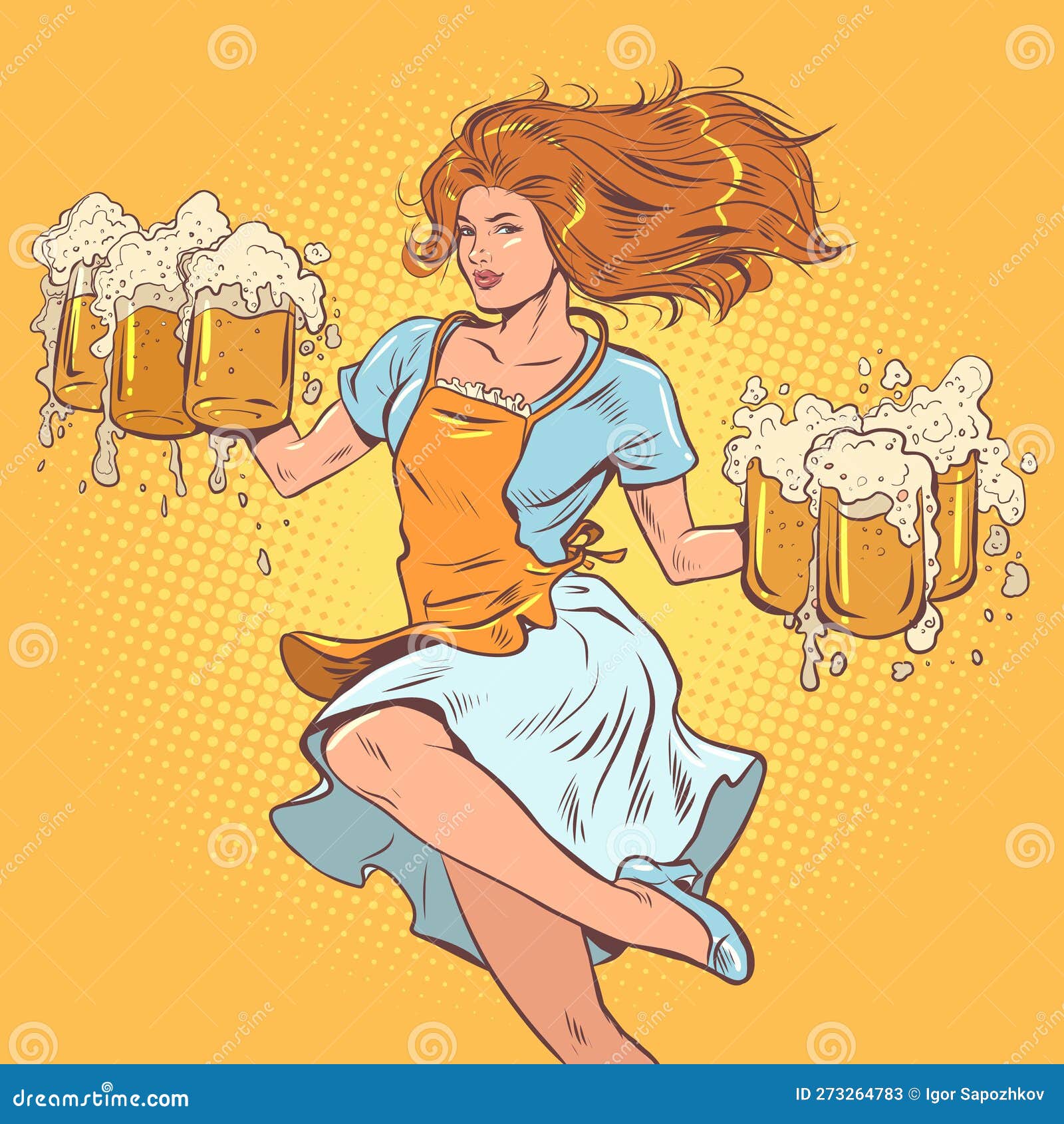 A Girl with Red Hair in a Dress Delivers Beer. a Skilled Barista Deftly ...