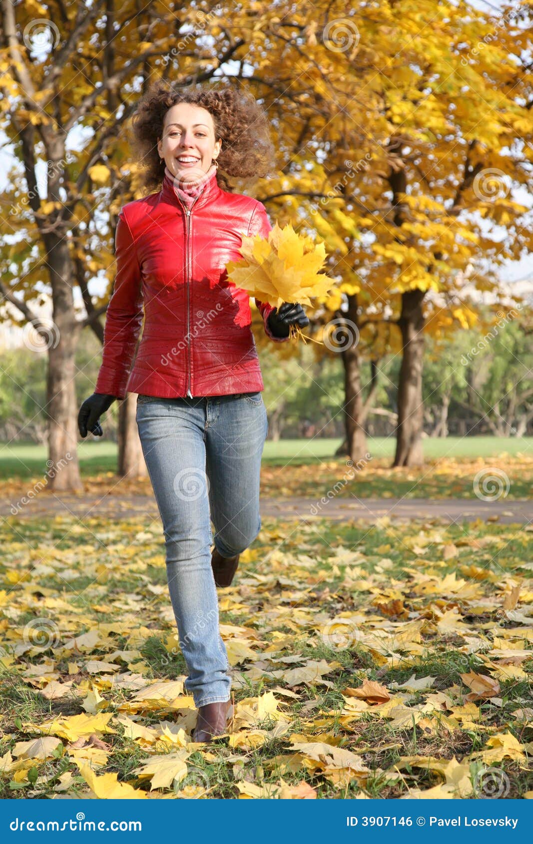 Girl in the Red Jacket in the Park Stock Photo Image of jeans, beauty